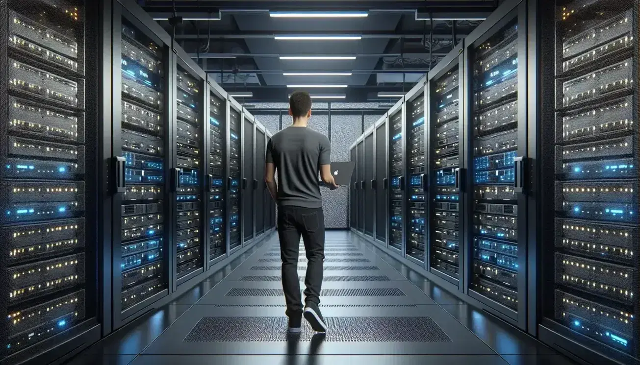 Modern data center with rows of black servers illuminated by blue LEDs, technician with laptop checks equipment, safe and controlled environment.