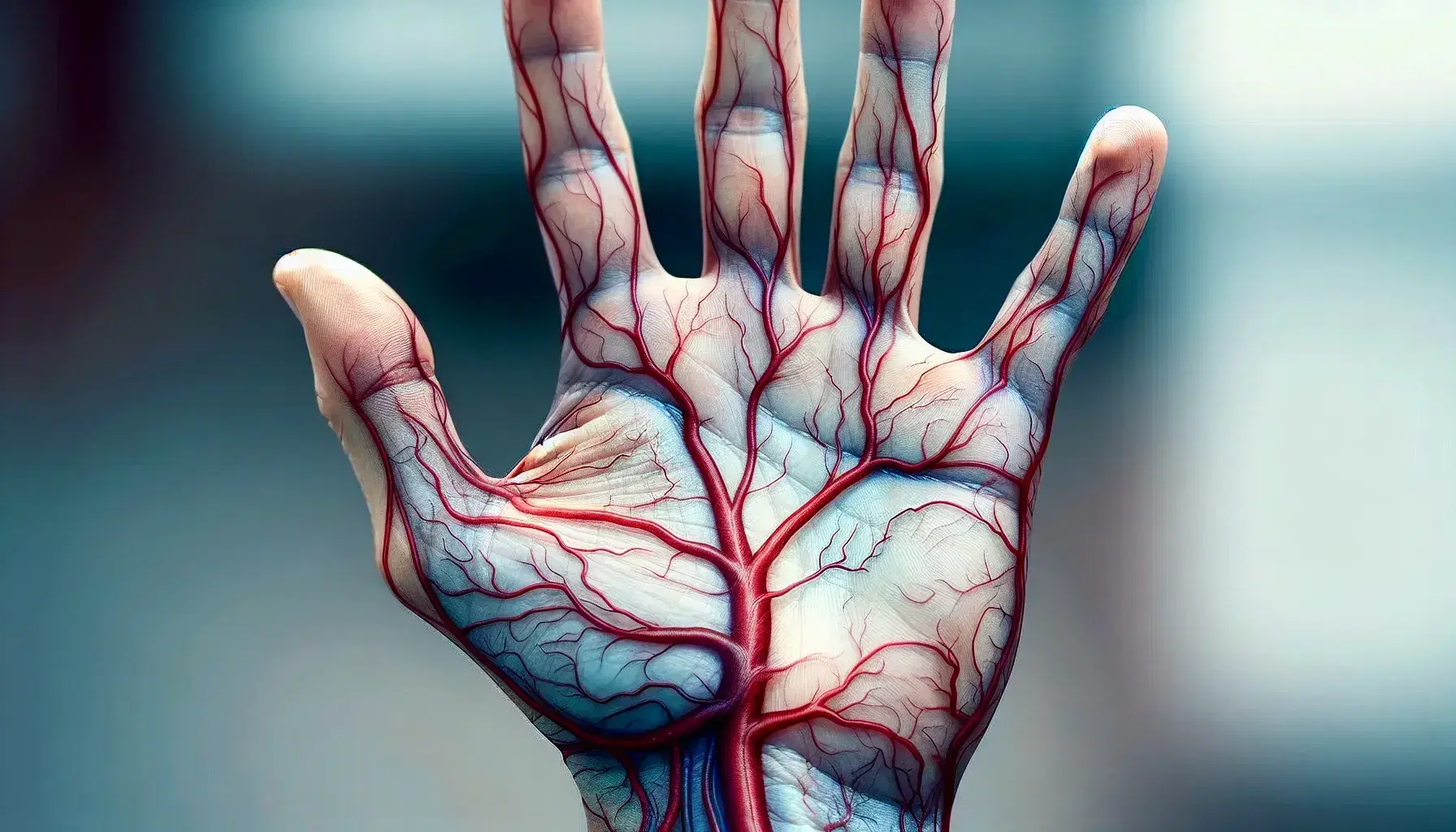 Mano umana con pelle traslucida che mostra vasi sanguigni, arterie rosse e vene blu, su sfondo sfocato.