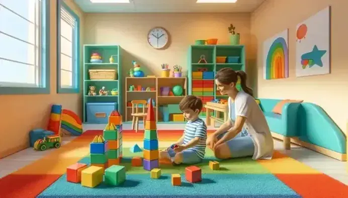 Bambino costruisce torre con blocchi colorati su tappeto multicolore, psicologa pediatrica osserva sorridente in stanza giochi terapeutica luminosa.