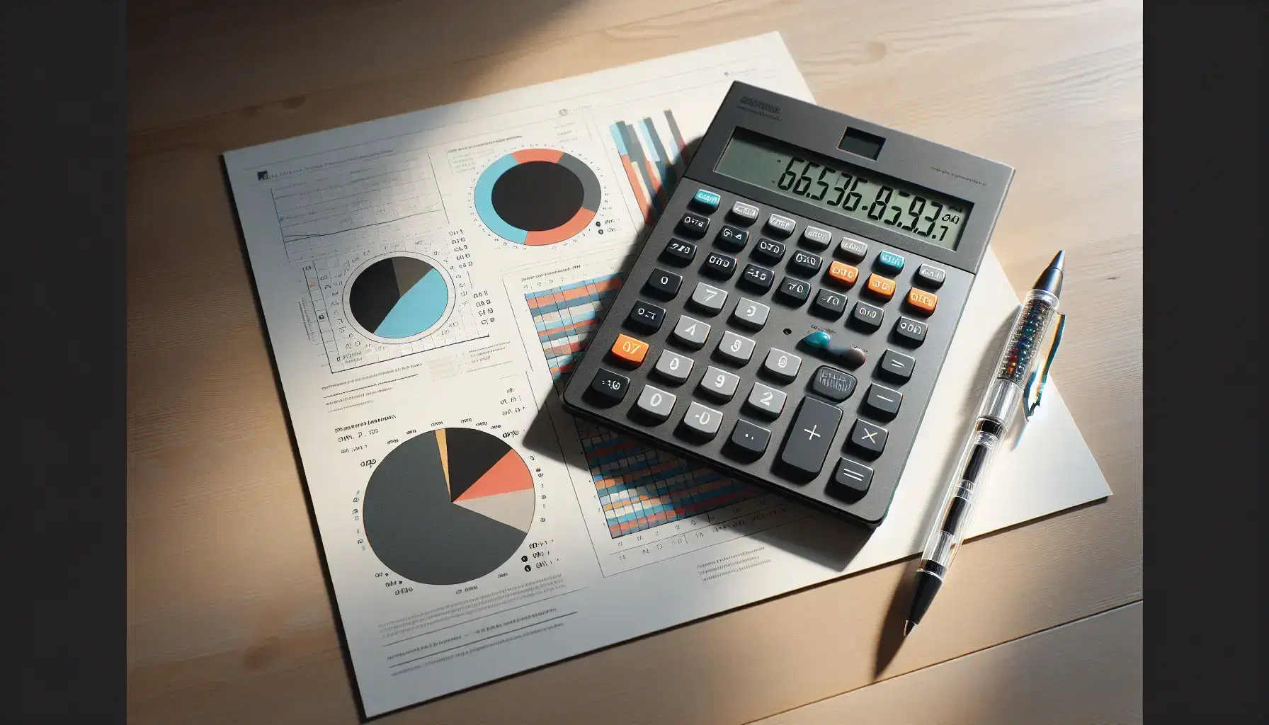 Calculadora científica en mesa de madera con gráficos circulares y de barras coloridos al lado y bolígrafo transparente.
