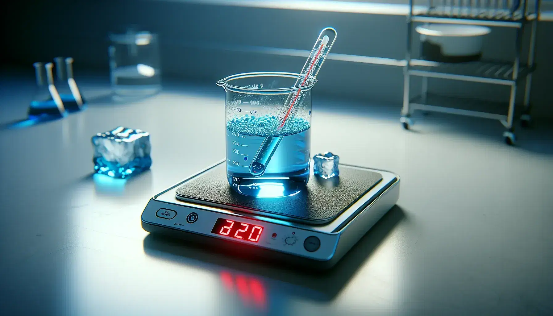 Glass beaker with blue liquid on digital hotplate turned on in laboratory, submerged thermometer and melting ice cube beside.