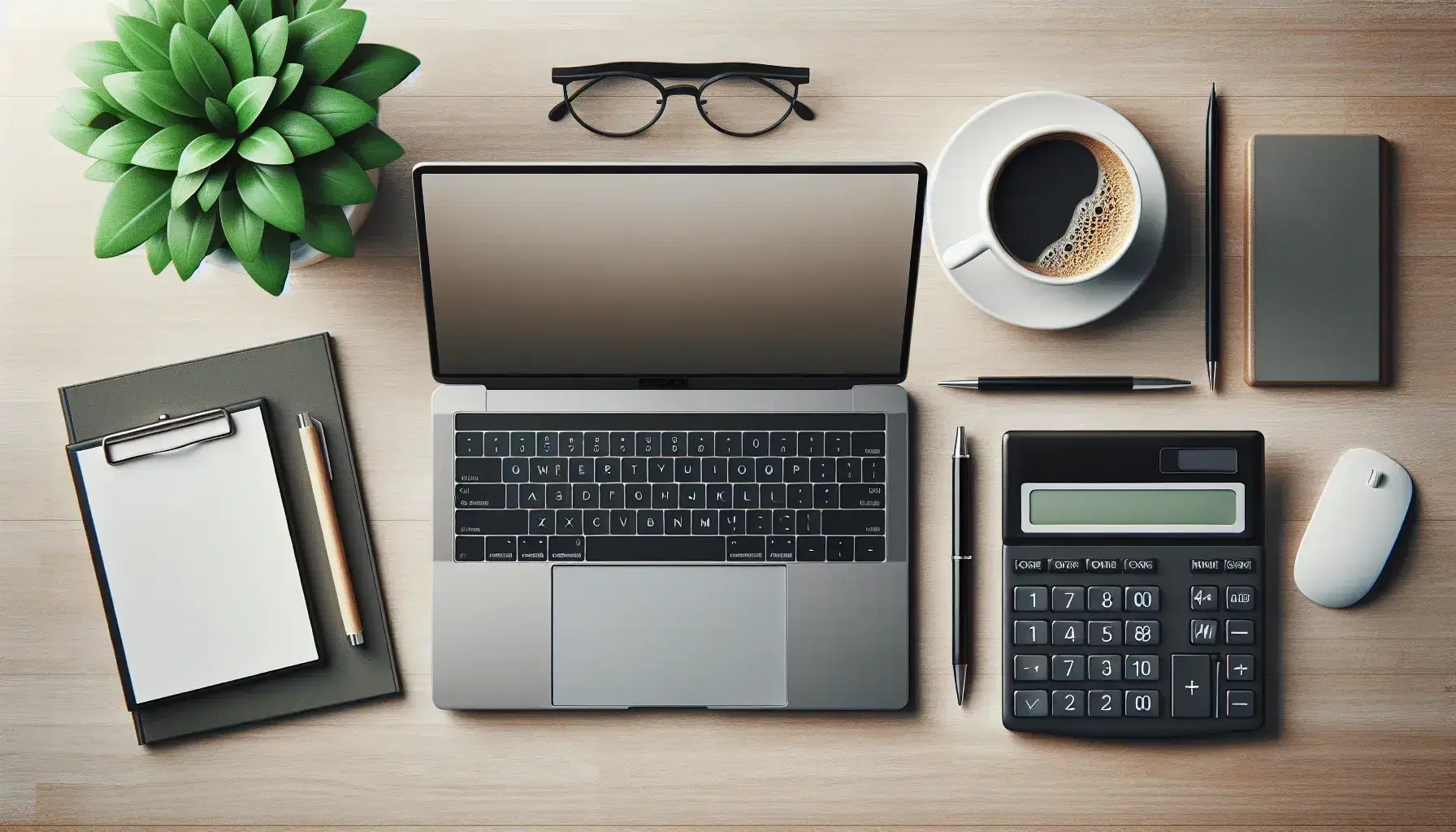 Tidy desk with open laptop, cup of steaming coffee, black calculator and green plant, on light wooden background.