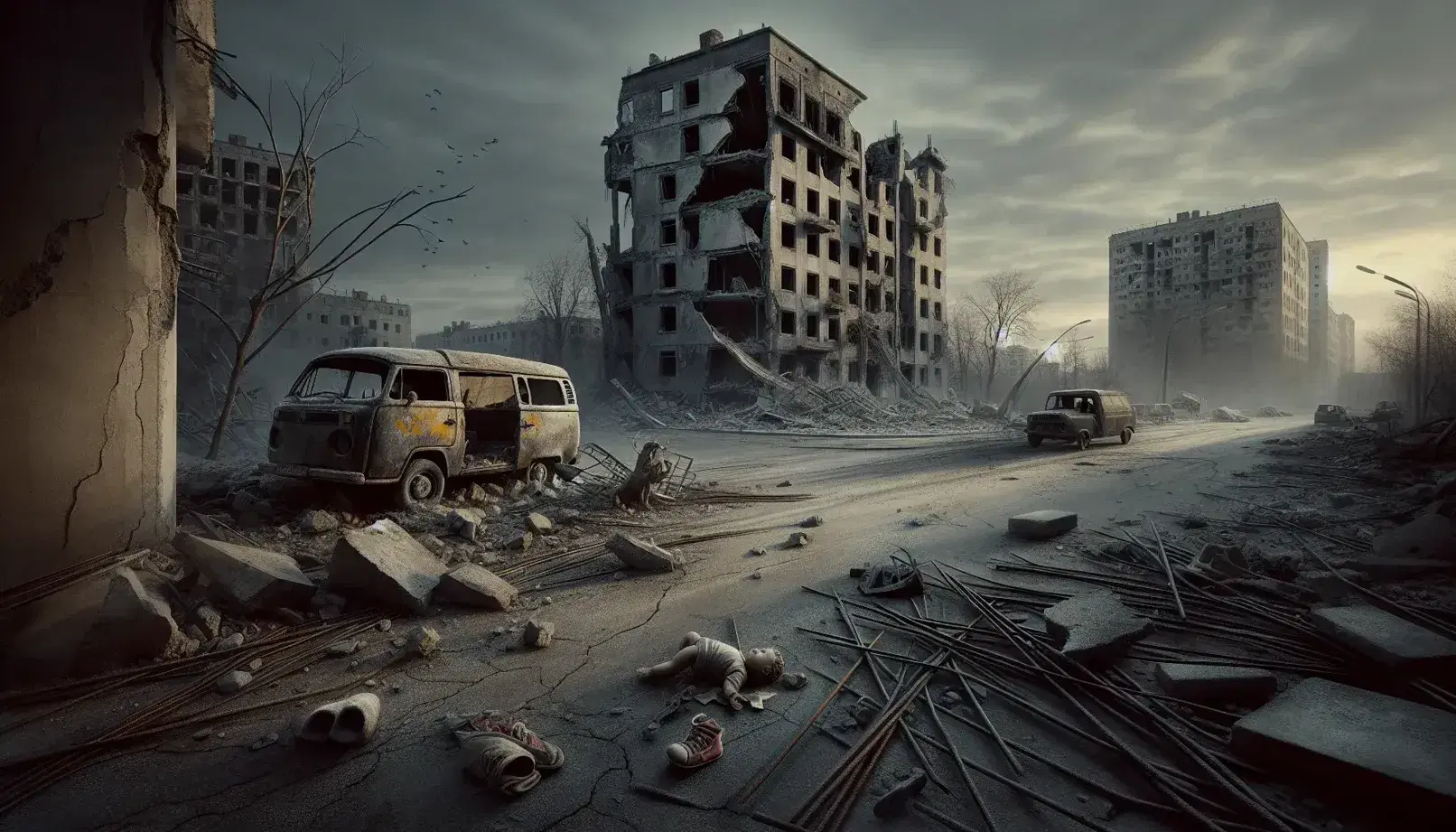War-torn cityscape with damaged buildings, deserted street with debris and a dusty ambulance with open doors.