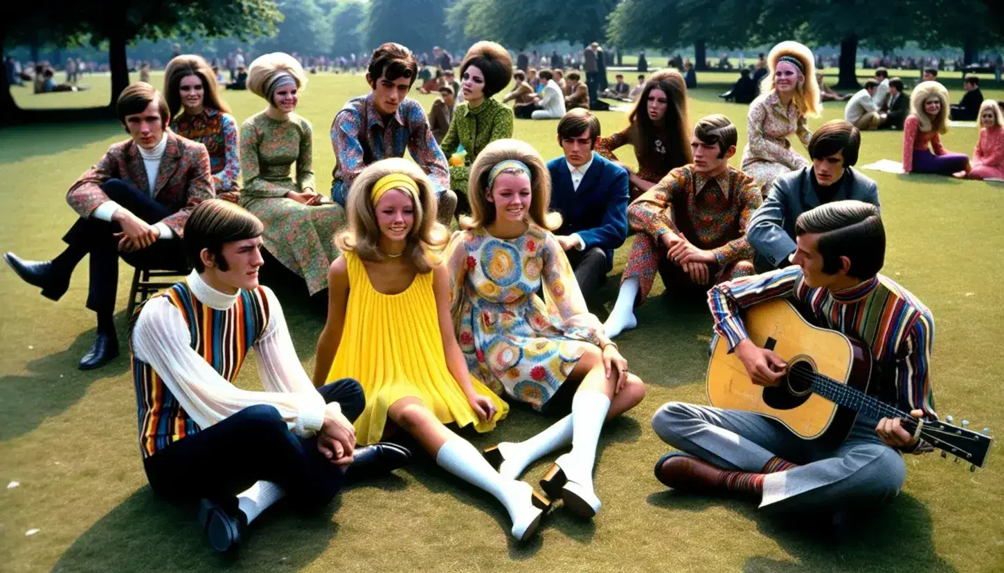 Giovani in abiti anni '60 riposano su prato verde, ragazze con vestiti colorati e ragazzi in camicie psichedeliche, uno suona la chitarra.