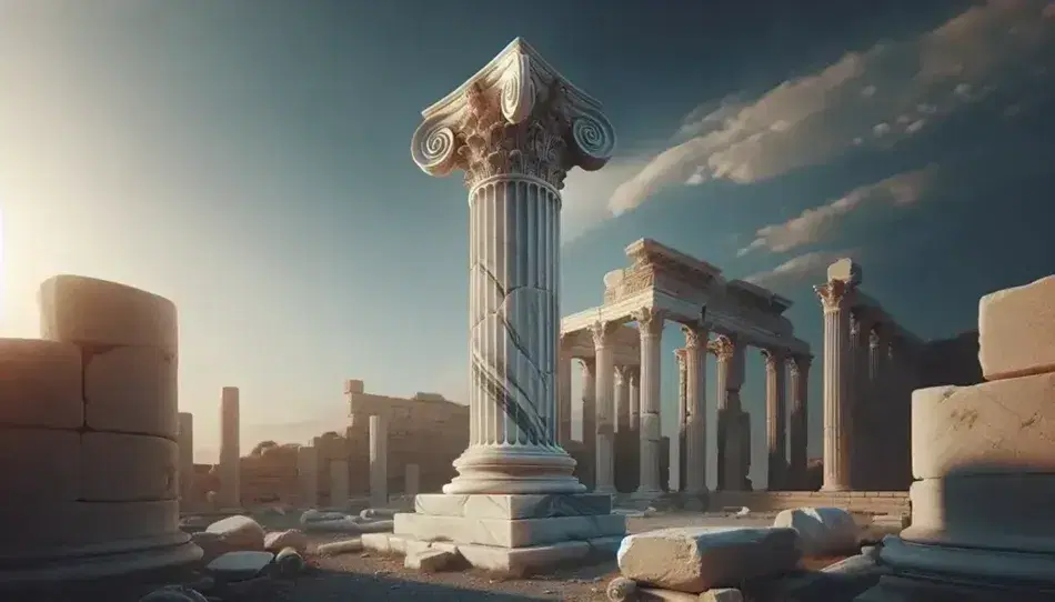 Columna jónica de mármol blanco con capitel decorado y base elaborada, bajo un cielo azul, parte de las ruinas de un templo griego antiguo.