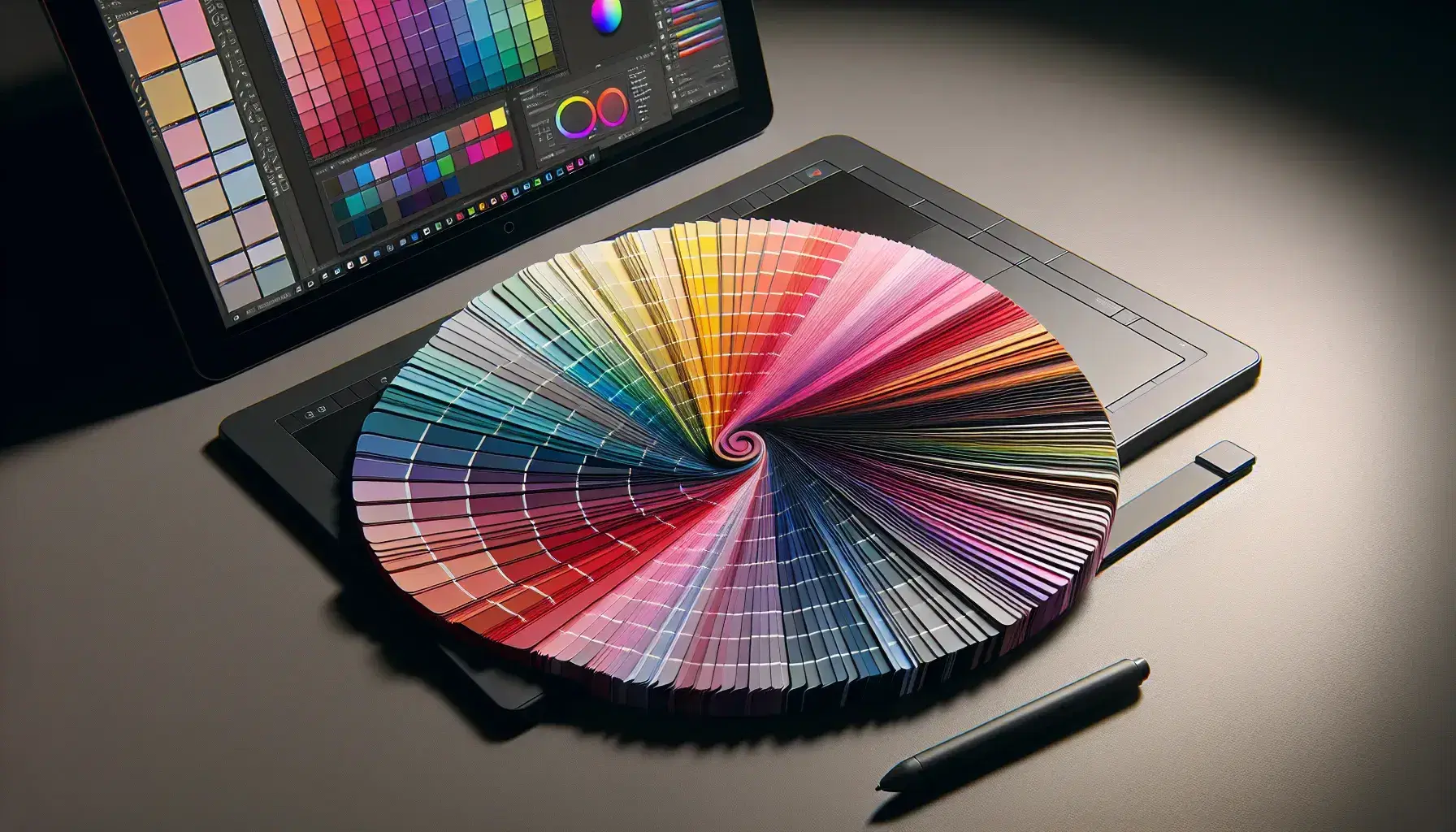 Paleta de colores en abanico con tonos desde pasteles a saturados y tableta gráfica con stylus, en un entorno de diseño gráfico profesional.