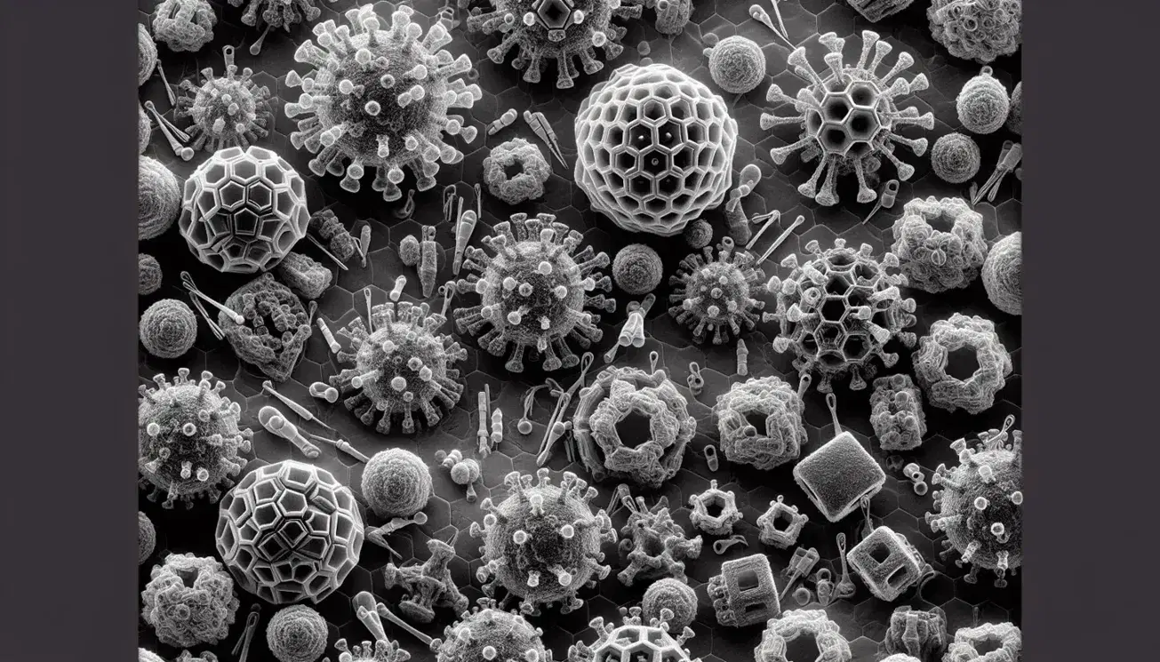 Micrografía electrónica de transmisión en escala de grises mostrando partículas virales con morfologías icosaédricas y helicoidales sobre fondo oscuro.