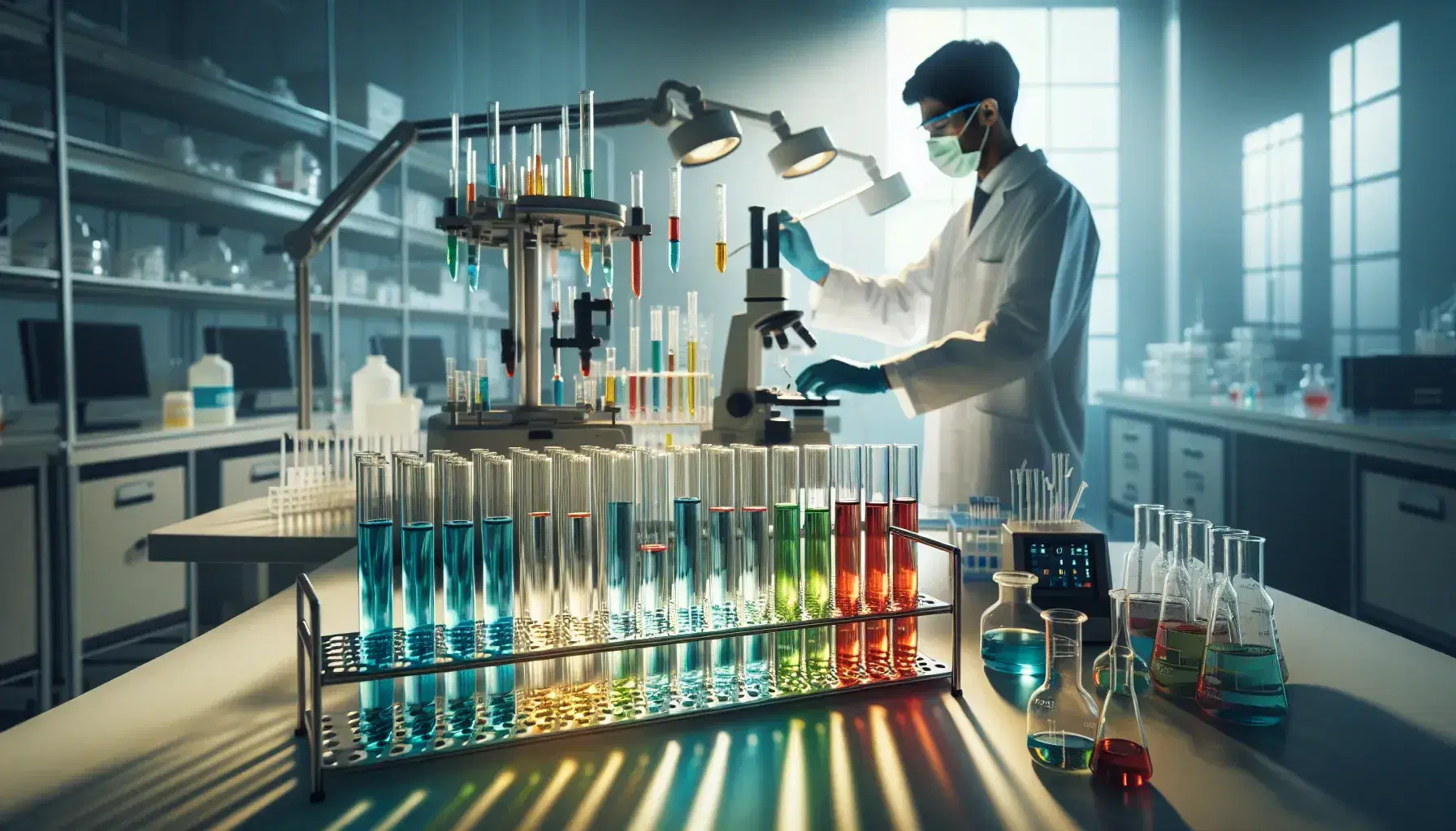 Tecnico di laboratorio farmaceutico in camice bianco analizza provette colorate su supporto metallico in ambiente asettico.