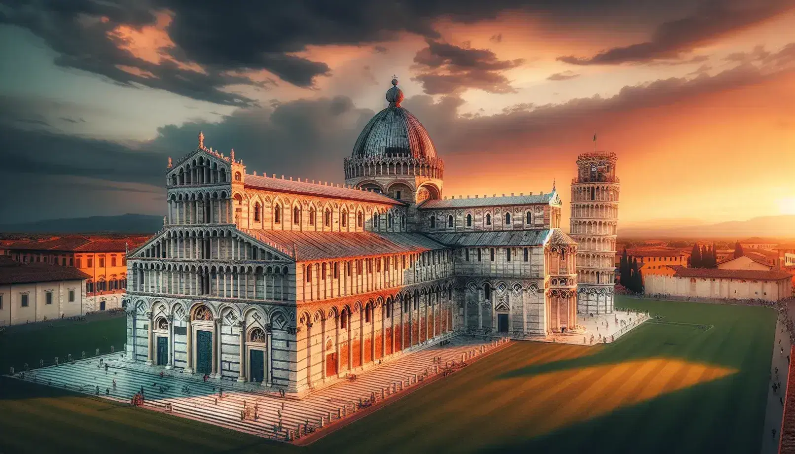 Vista panoramica della Piazza dei Miracoli a Pisa al tramonto, con la Cattedrale e il Battistero accanto alla famosa Torre Pendente.