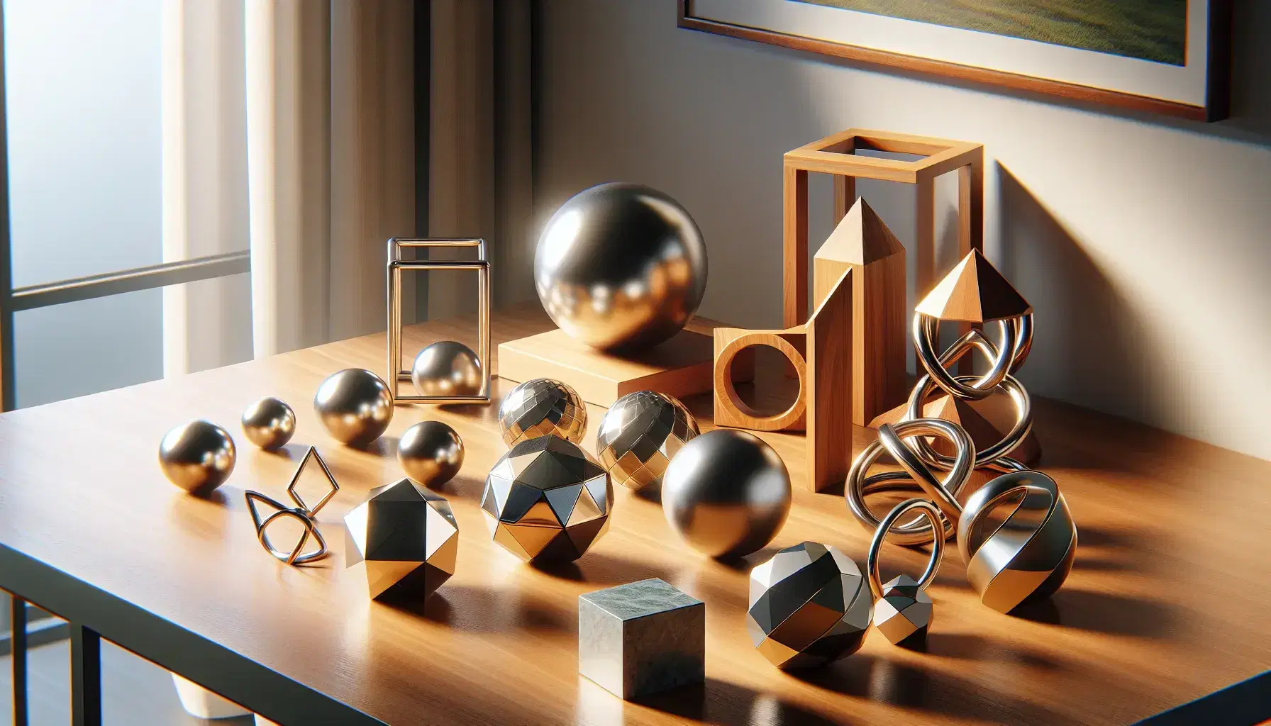 Assorted geometric solids on a wooden desk with interlocking golden rings, a potted plant in the background, and soft shadows cast by natural light.