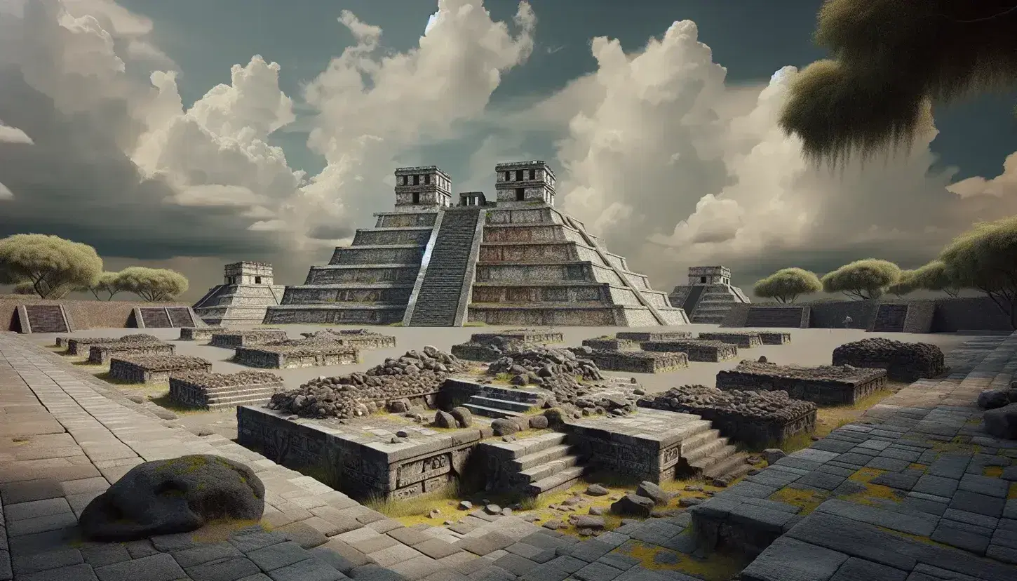 Vista panorámica de las ruinas de Tenochtitlan con el Templo Mayor al centro, escalinatas de piedra y torres escalonadas bajo un cielo parcialmente nublado.