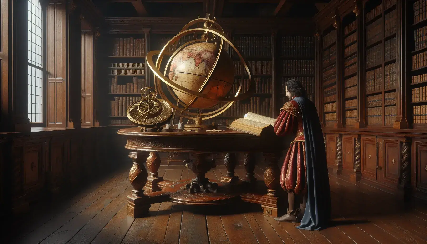 Biblioteca renacentista con hombre en túnica roja estudiando un libro grande, mesa con globo terráqueo antiguo y astrolabio, estantes con libros sin títulos.