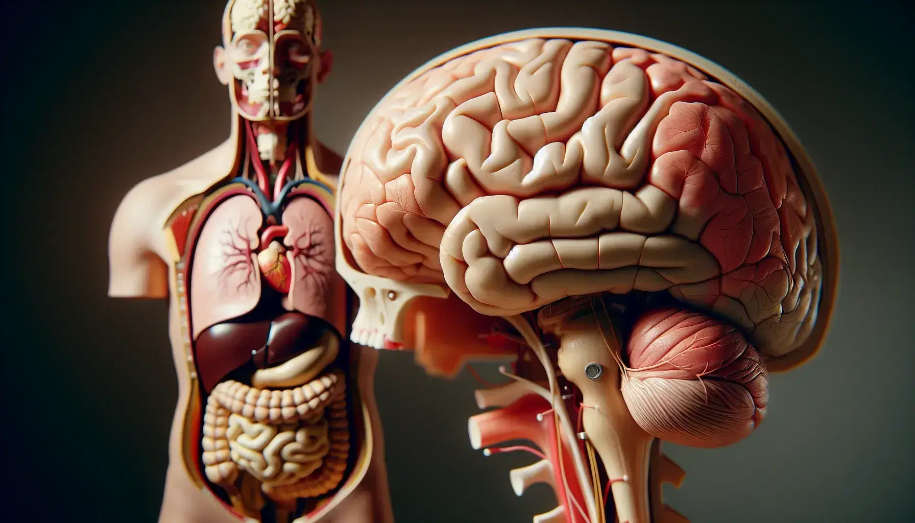 Detailed anatomical model of a sagittally sectioned human brain with visible hypothalamus and brainstem, on a background of a mannequin torso with internal organs.