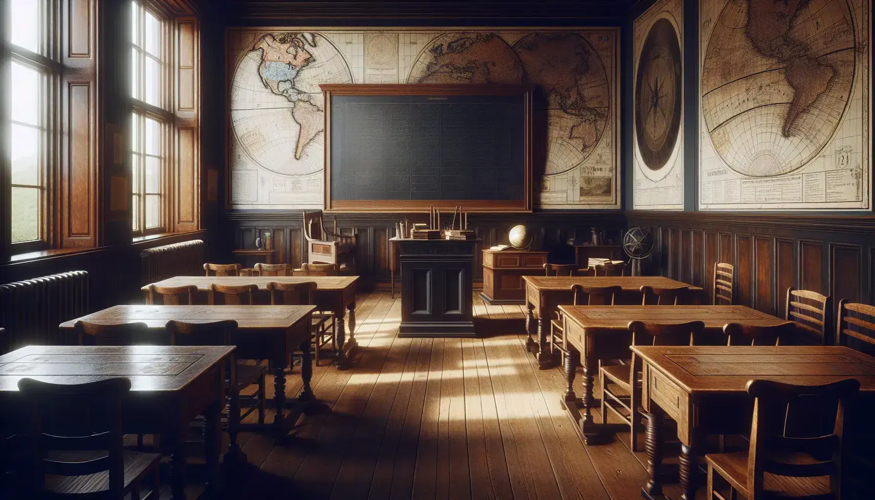 Aula d'epoca con tavolo in legno scuro, sedie, lavagna vuota, mappe antiche e luce naturale dalle finestre.