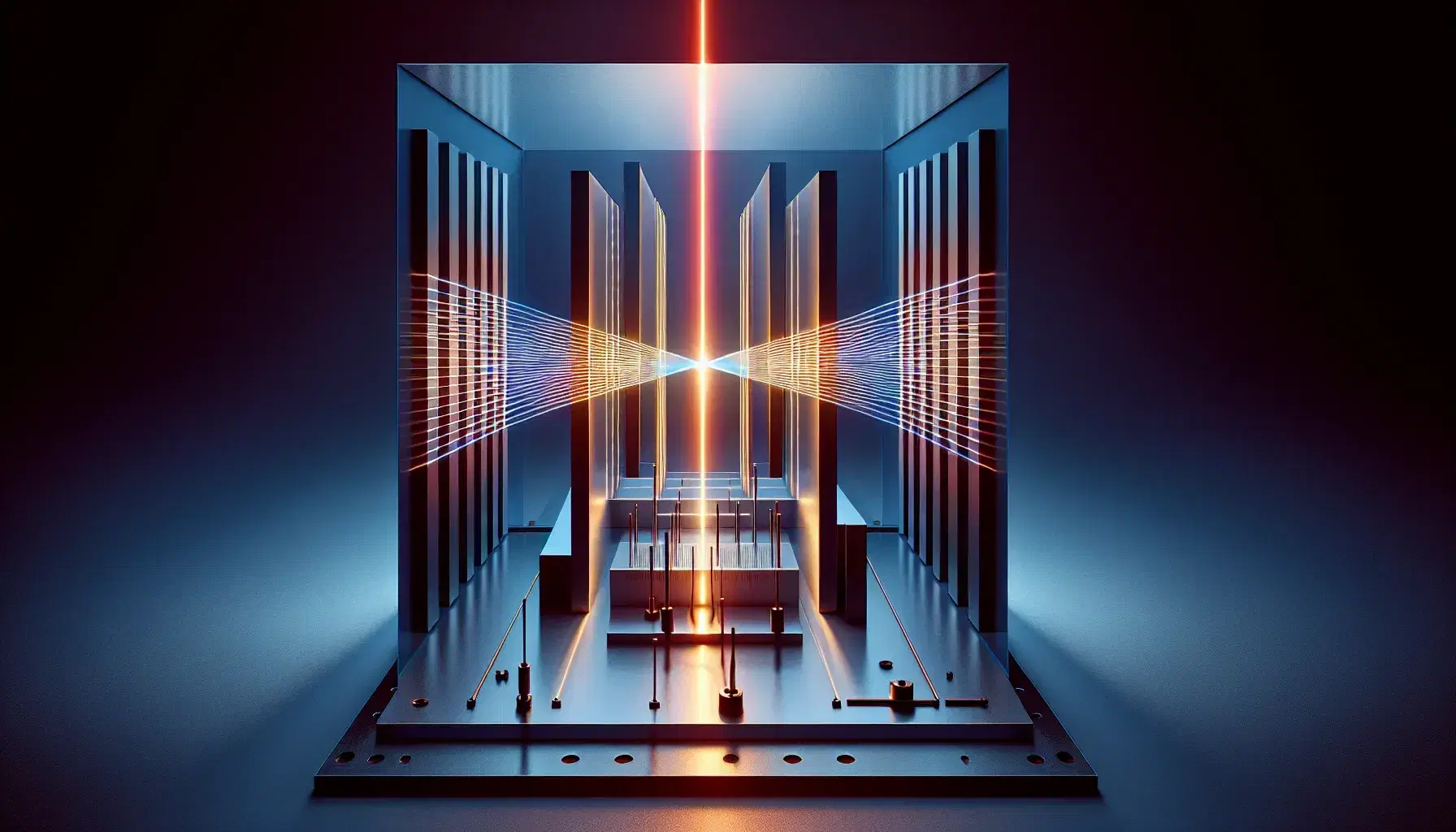 Double-slit experiment demonstrating wave interference, with a laser beam creating bright and dark fringes on a screen, showcasing quantum physics principles.