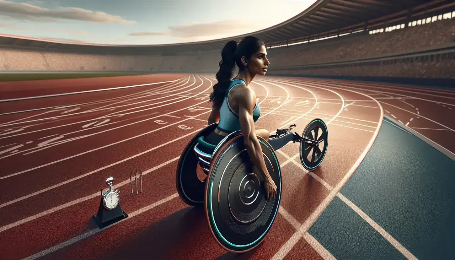 Atleta paralimpica sudasiatica pronta alla partenza su pista di atletica in carrozzina da corsa colorata, sotto cielo azzurro.
