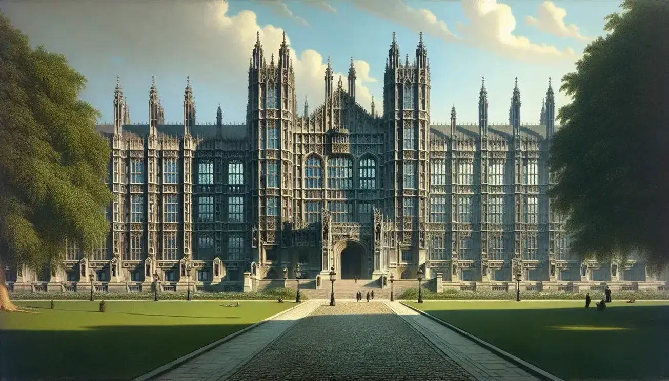 Historic Gothic Revival Palace of Westminster on a sunny day, with manicured lawn, pathway leading to entrance, and River Thames at the side.