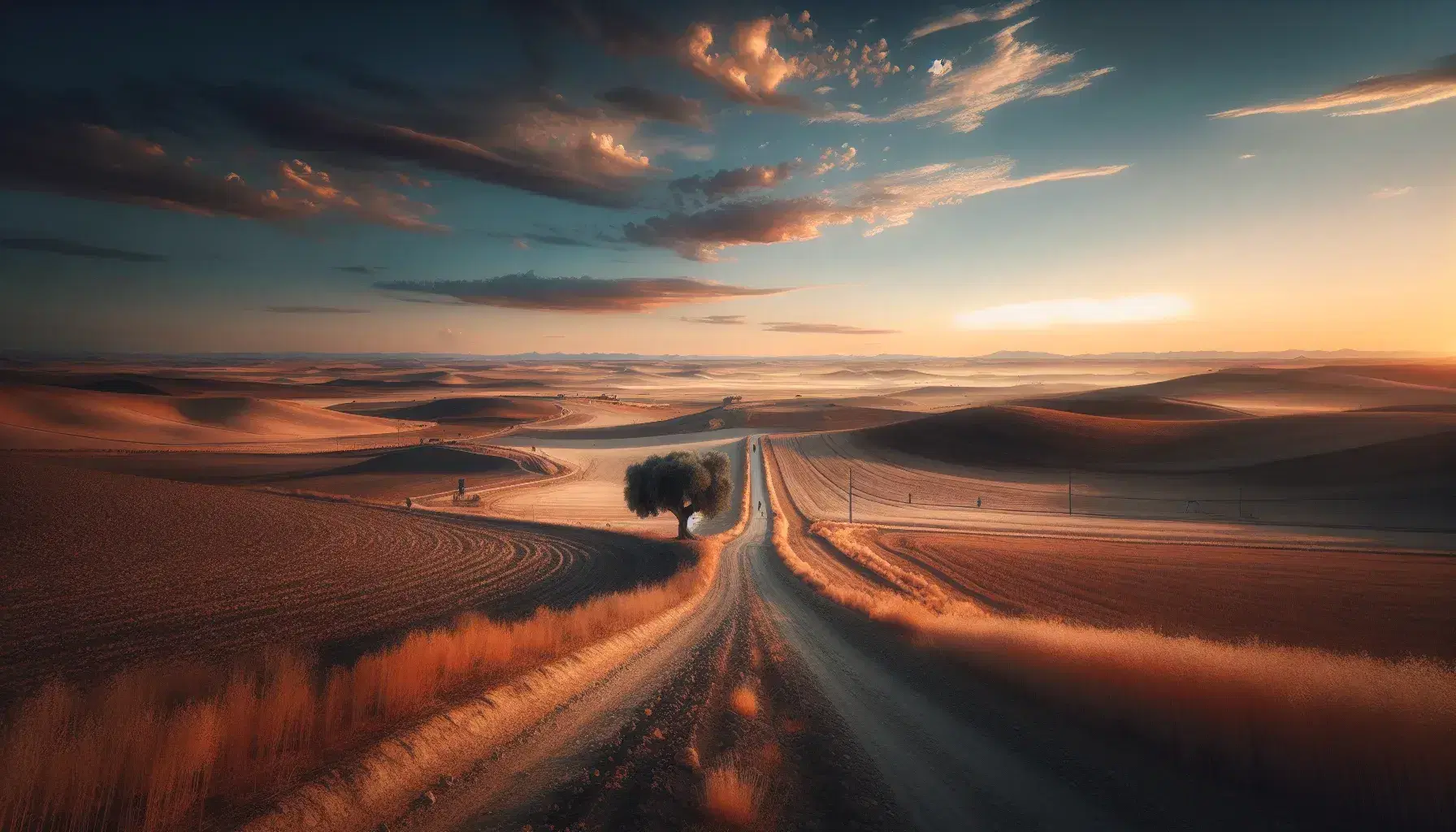 Paisaje rural de Castilla al amanecer con cielo degradado, camino de tierra, figuras humanas y olivo solitario.