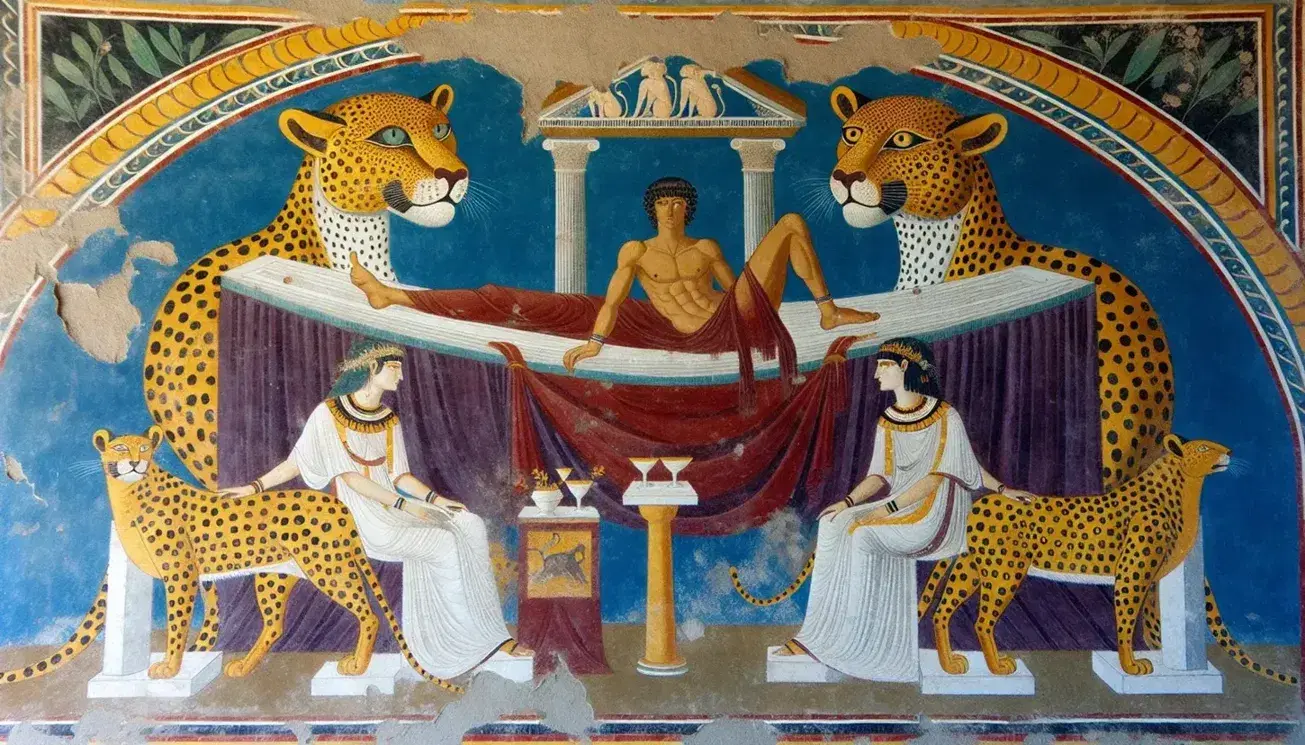 Affresco etrusco della Tomba dei Leopardi a Tarquinia raffigurante un banchetto funebre con coppia su letto e leopardi guardiani.