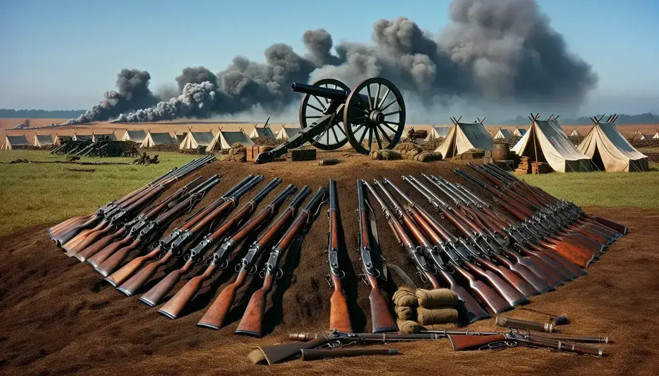 Escena de campo de batalla de la Guerra Civil Americana con fusiles en primer plano, tiendas de campaña y cañón de artillería, sin personas visibles.