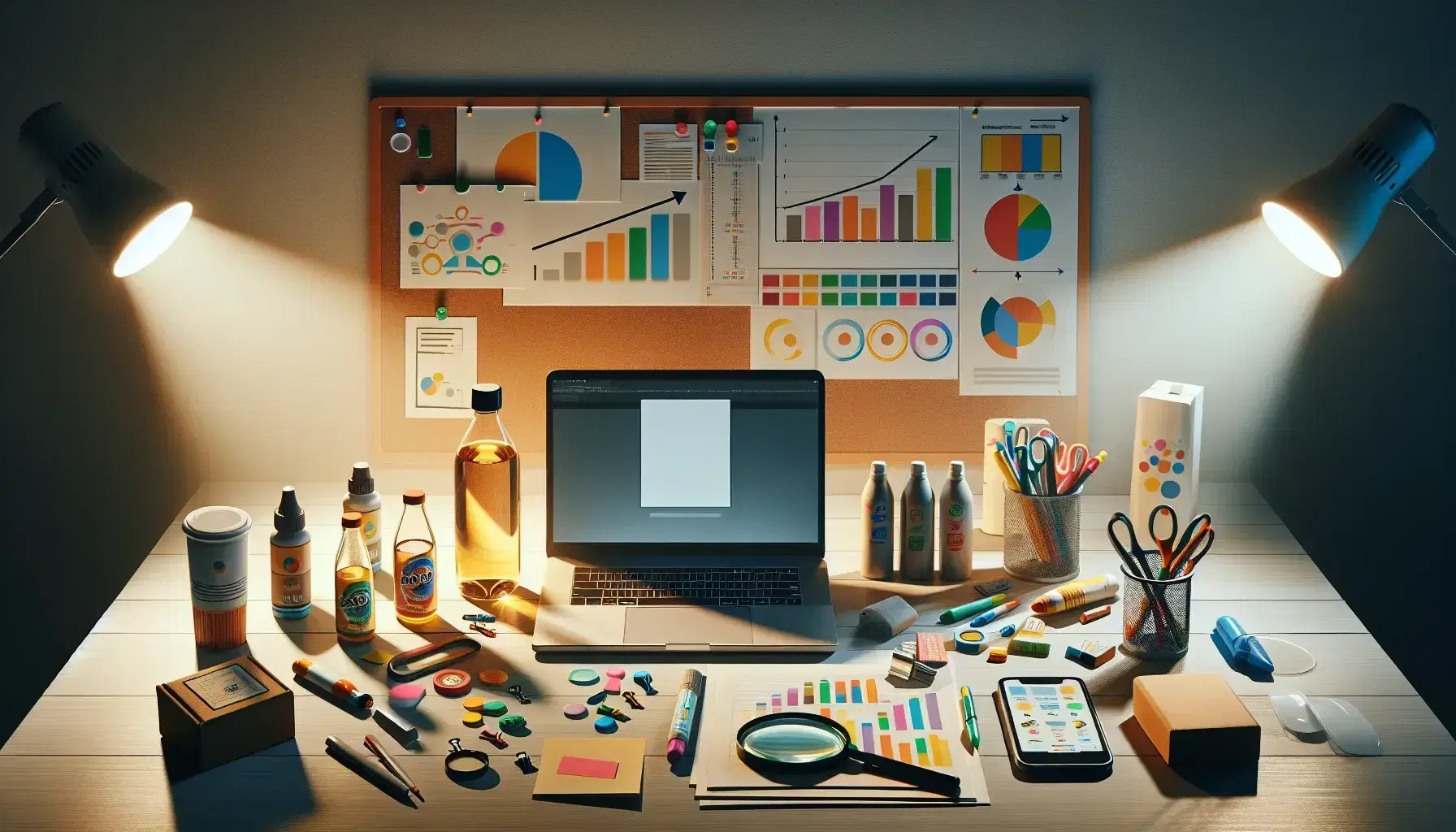 Escritorio de trabajo iluminado con portátil, smartphone, gráficos de barras y líneas, pizarra blanca, productos sin marca y lupa, enfocado en marketing.