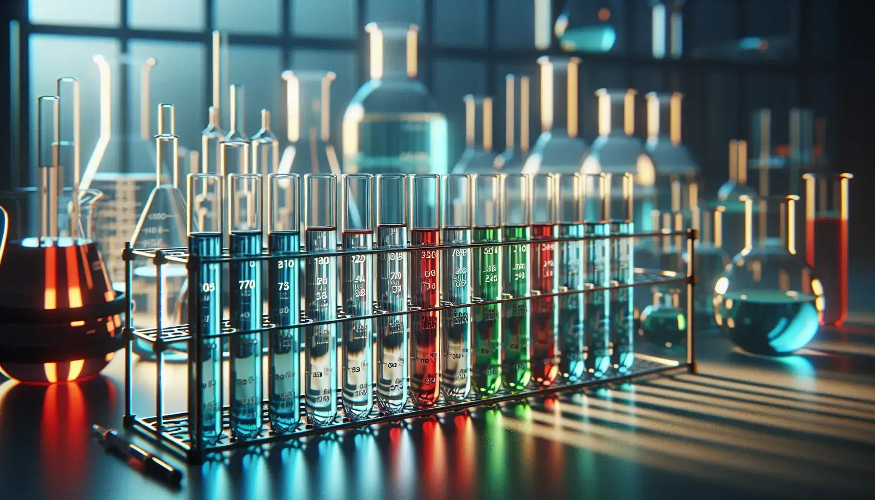 Tubos de ensayo de vidrio con líquidos de colores variados en un soporte metálico, indicativos de experimentos de metabolismo energético en un laboratorio.