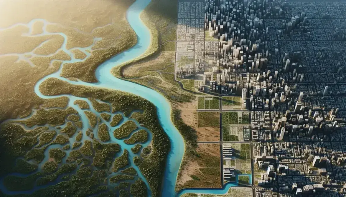 Vista aérea de un río serpenteante con vegetación aledaña y una ciudad con edificios variados y espacios verdes bajo un cielo despejado.