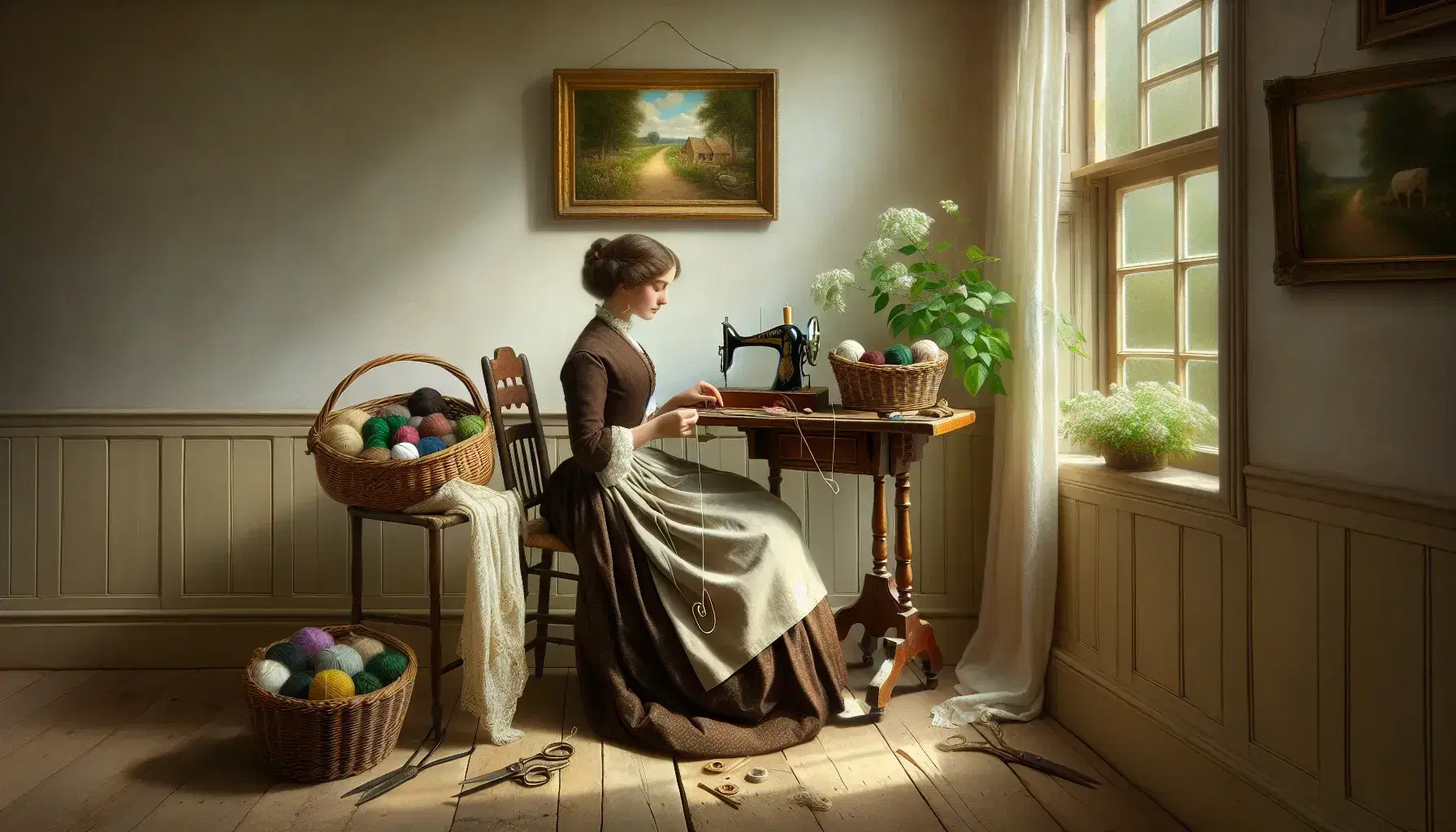 Mujer del siglo XIX cosiendo en silla de madera, junto a mesa con cesta de hilos y tijeras, luz natural entrando por ventana y planta decorativa al fondo.