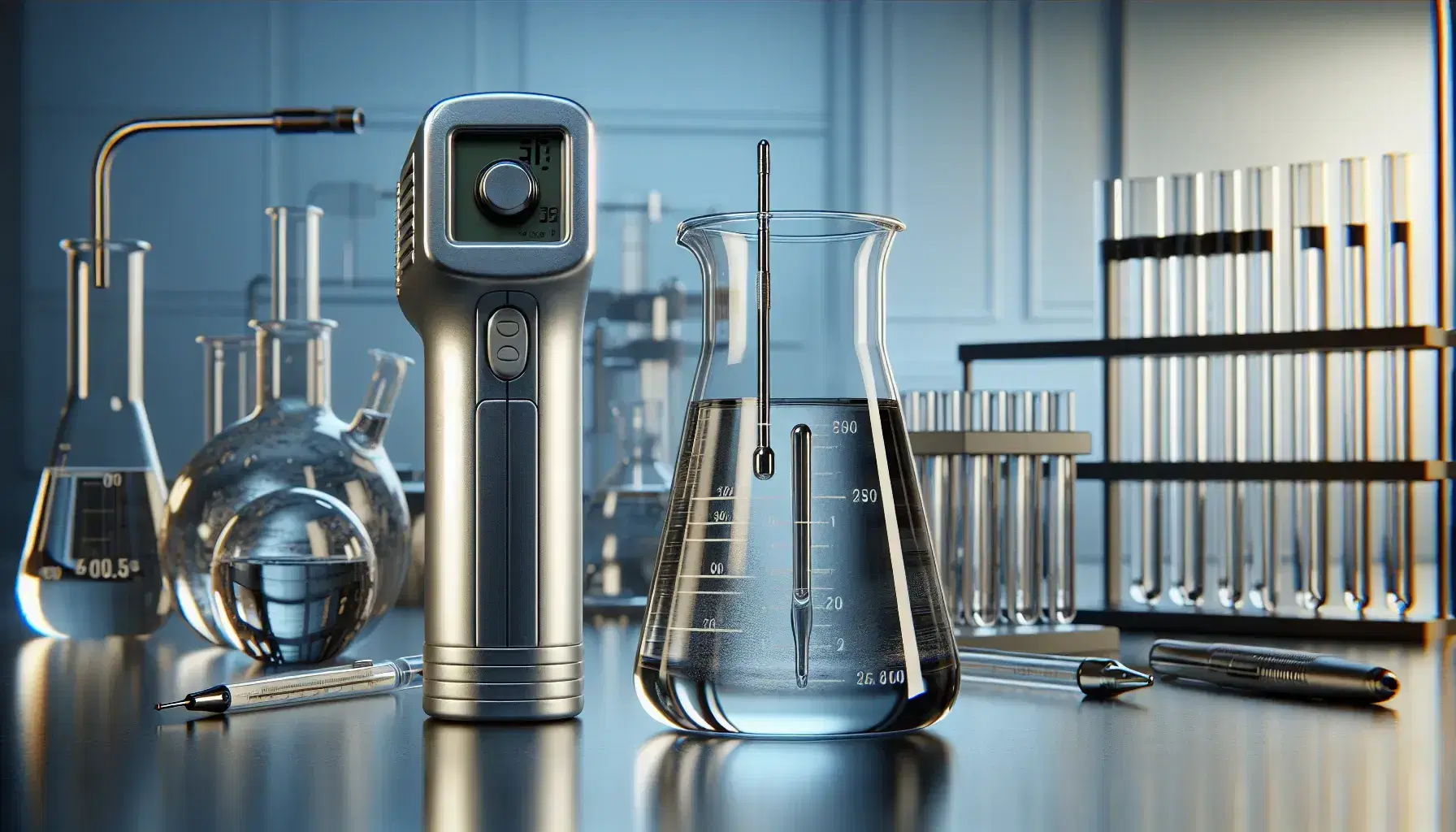 Science laboratory with metal thermometer in beaker, digital infrared thermometer, test tubes and Bunsen flame heating a glass rod.