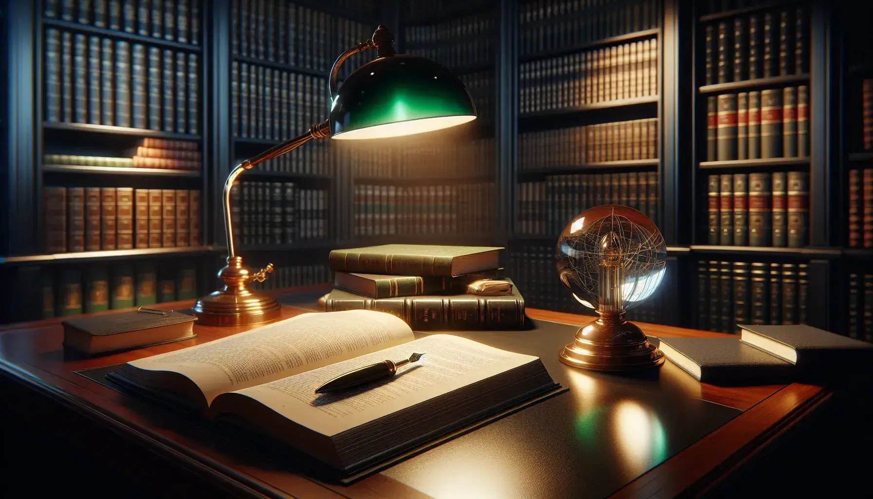 Serene study space with a polished wooden desk, classic green-shaded banker's lamp, open textbook, crystal paperweight, and a black fountain pen.