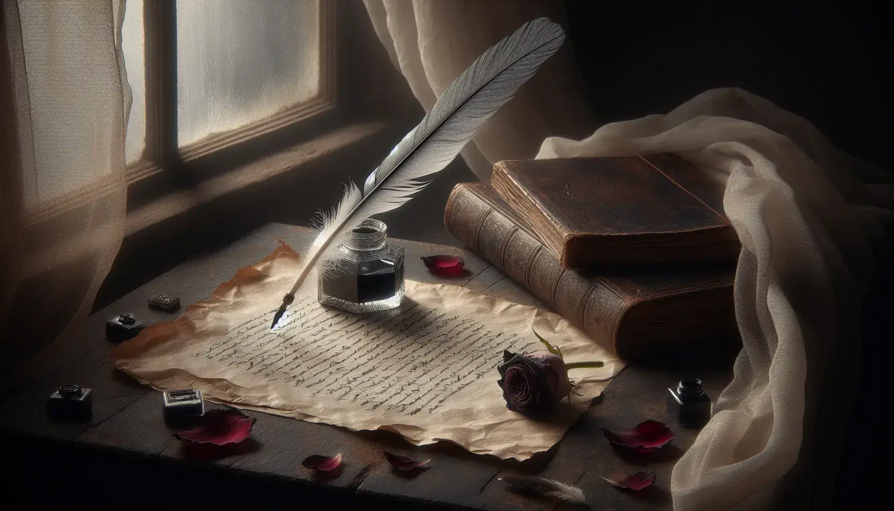Piuma d'oca bianca su foglio ingiallito e scrivania in legno scuro, accanto a libro in pelle e rosa appassita, con inchiostro nero e luce soffusa.