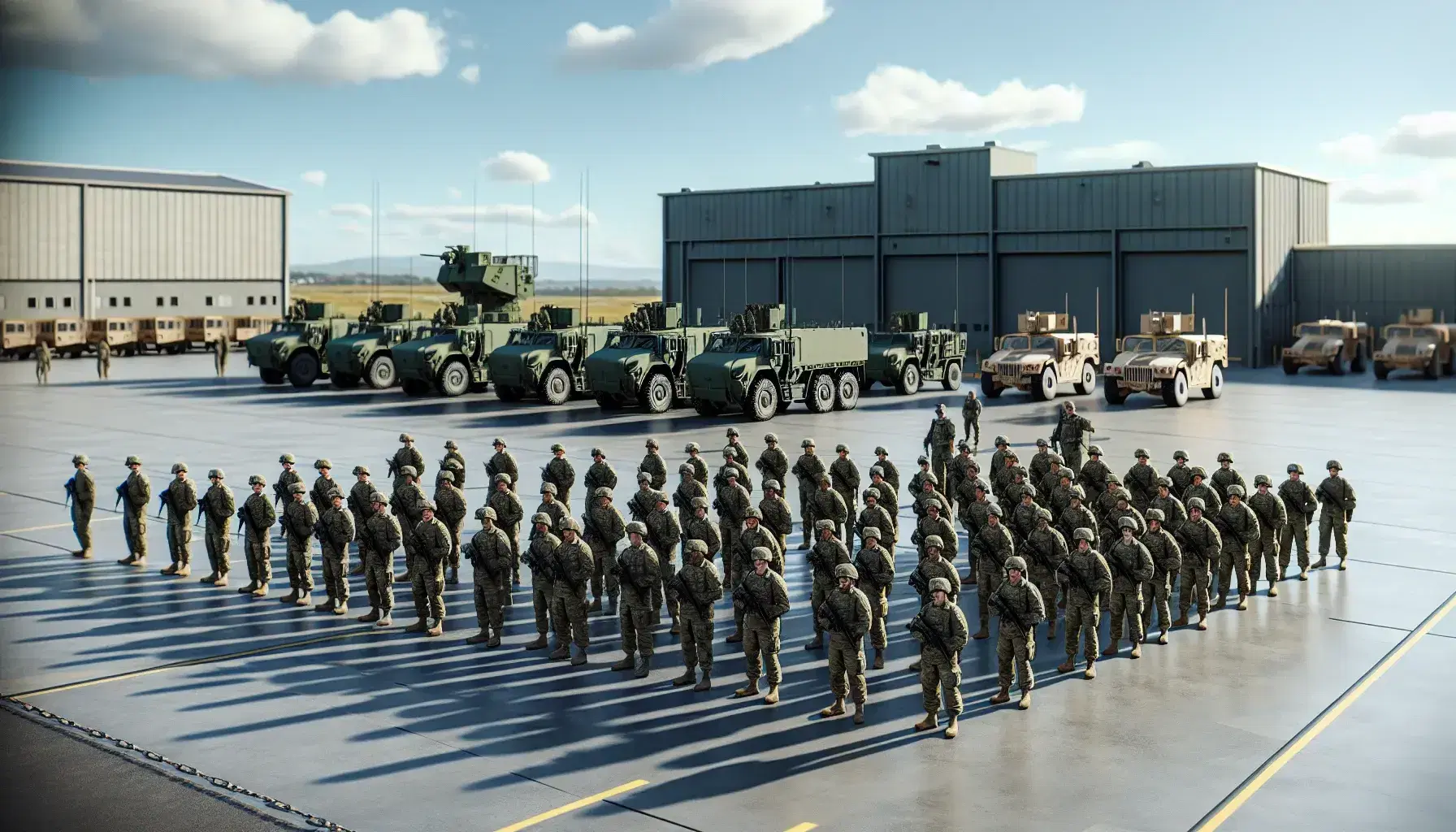 Diverse military personnel in camouflage stand at attention on a field with parked matte green vehicles, a secure building, and a jet overhead.