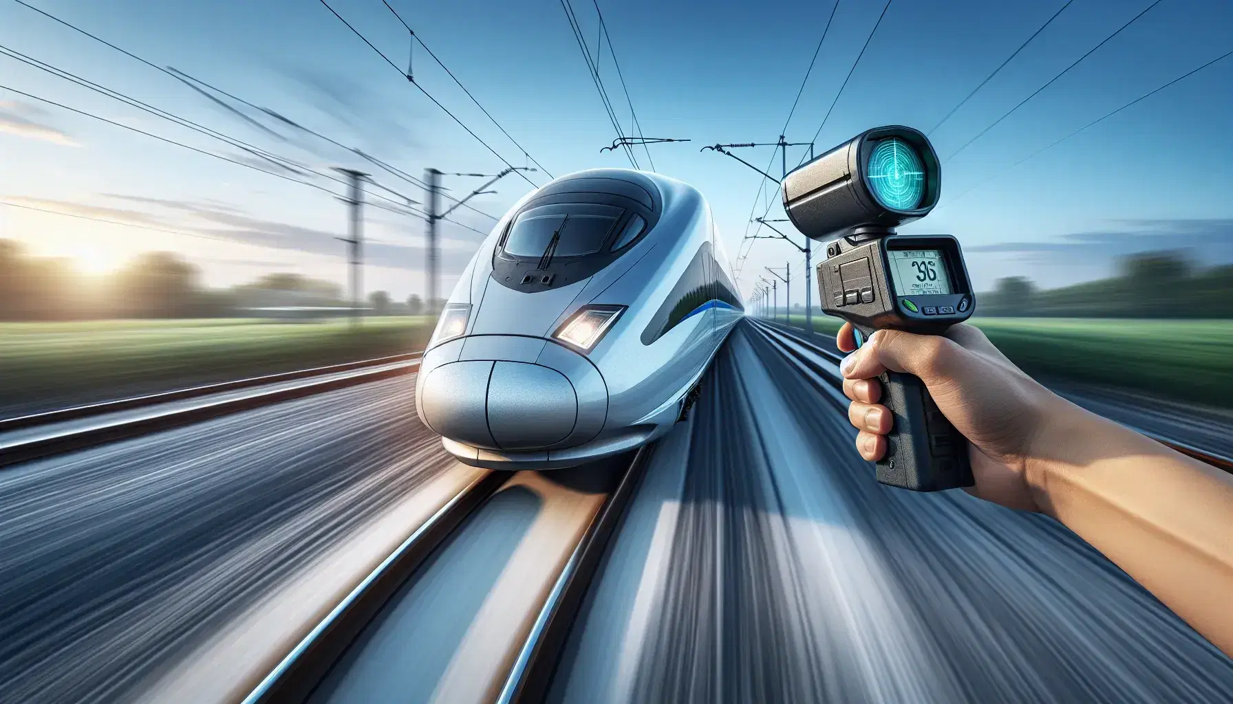High-speed train in motion on straight tracks with motion blur, radar gun in foreground measuring velocity, clear blue sky and greenery in background.