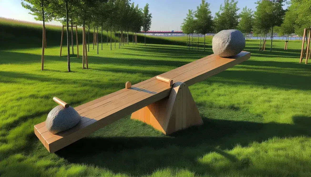 Seesaw with wooden plank on red fulcrum, one end lowered by a large boulder, set in a grassy park with trees and a clear blue sky.