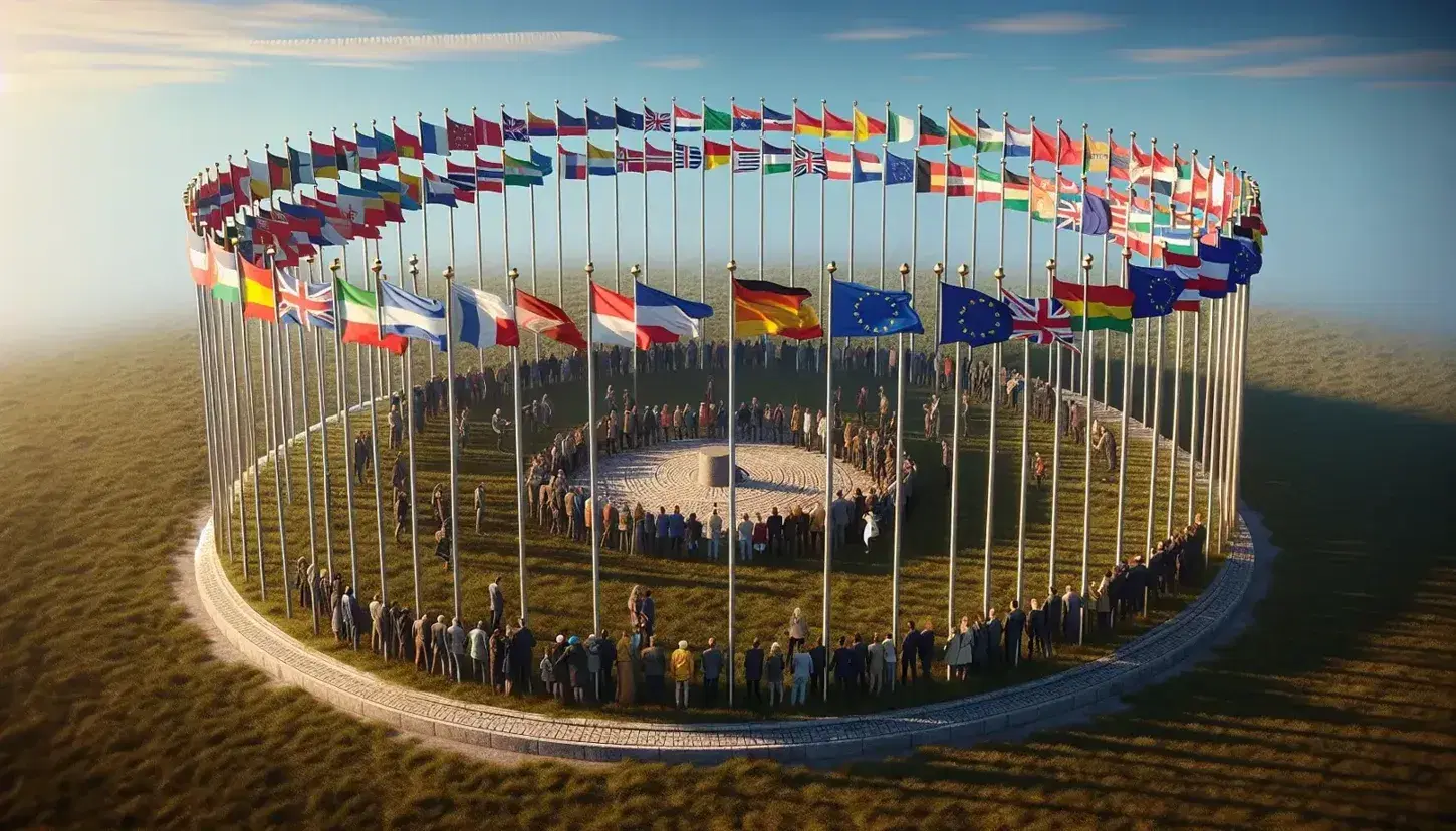 Cerchio di bandiere europee al vento con persone di diverse età al centro su prato verde, simboleggiando unità e cooperazione.
