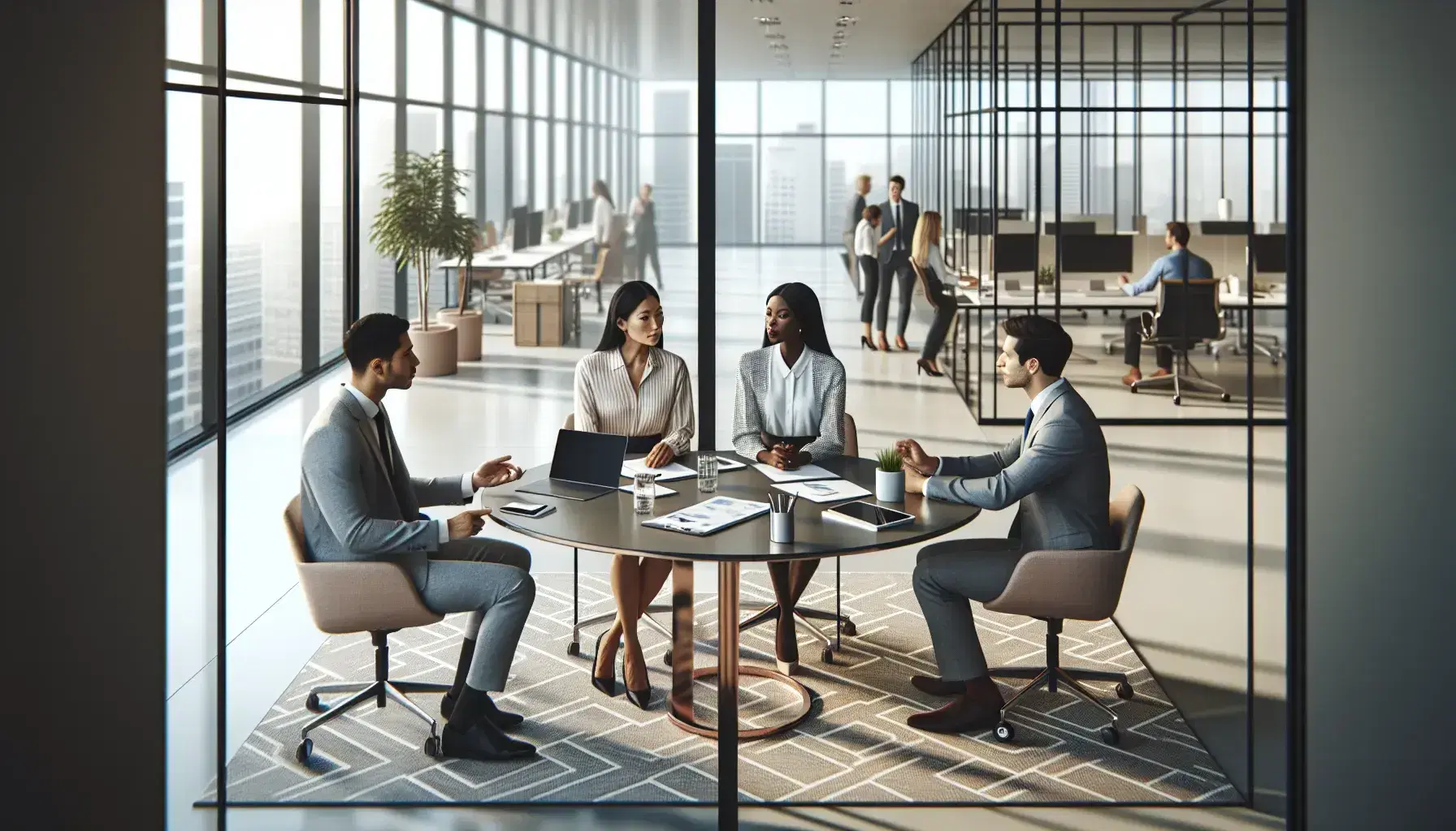 Diverse team of professionals in a meeting at a round table with tech devices in a modern, well-lit office with glass partitions and plants.