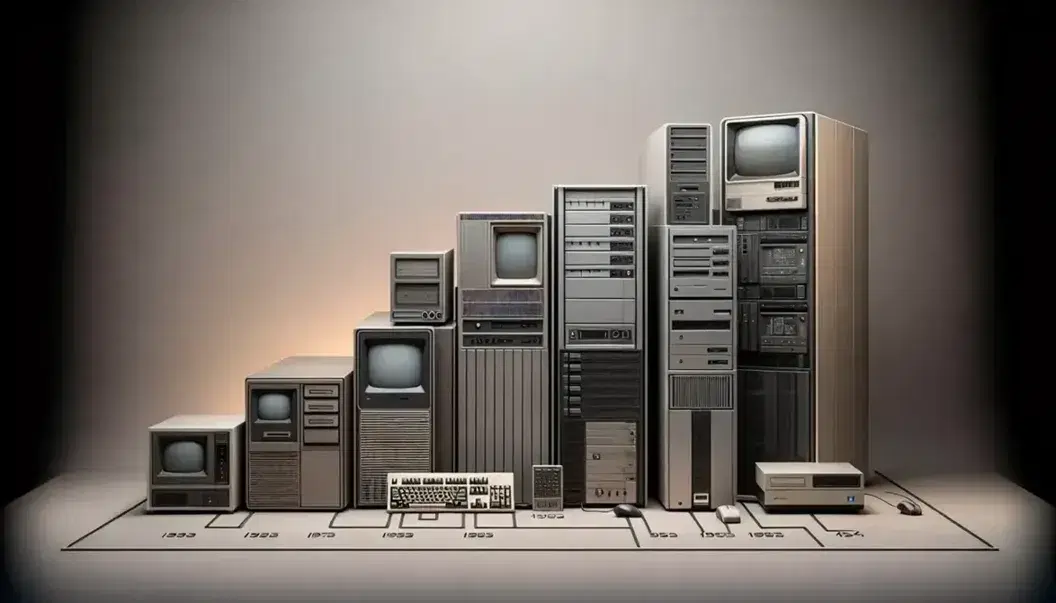 Línea de tiempo visual que muestra la evolución de los computadores desde grandes armarios metálicos hasta modernos sistemas con torre, monitor plano, teclado y ratón.