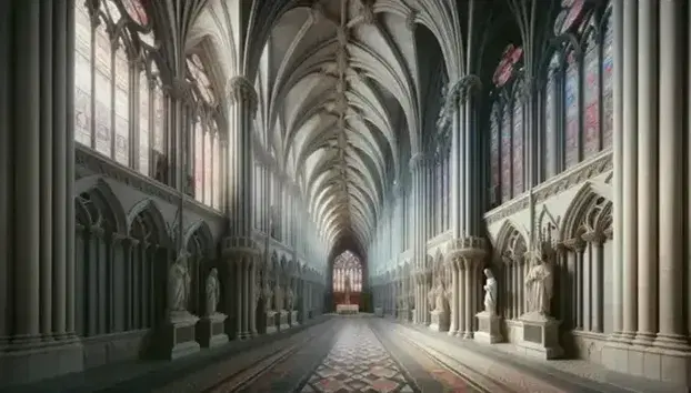 Interior de catedral gótica con arcos apuntados, pilares grabados, techo abovedado, vidrieras coloridas y estatua de mármol de figura religiosa.