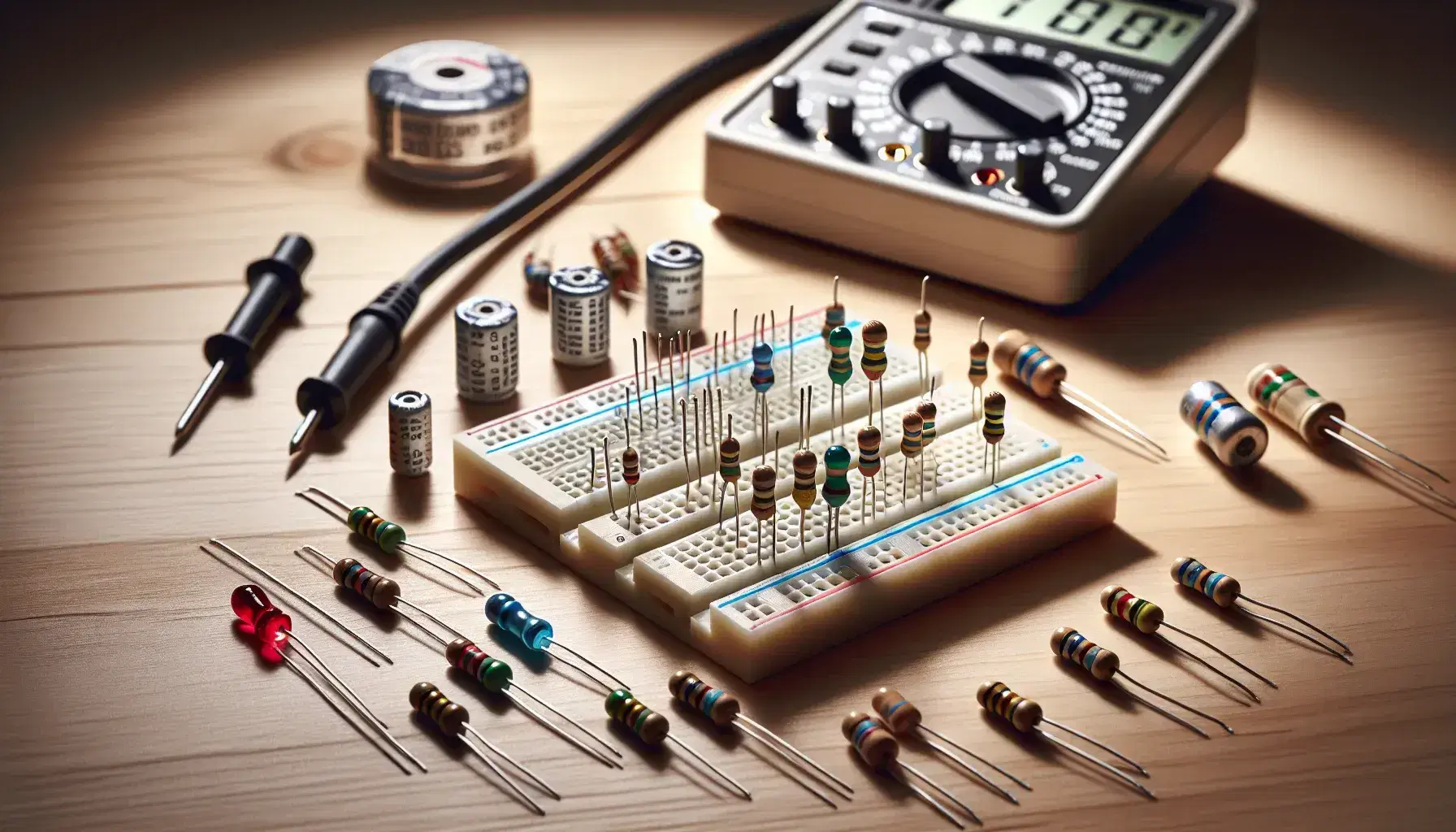 Tavolo in legno chiaro con componenti elettronici: breadboard bianca, resistenze colorate, condensatori metallici, motorino elettrico e LED rossi e verdi.