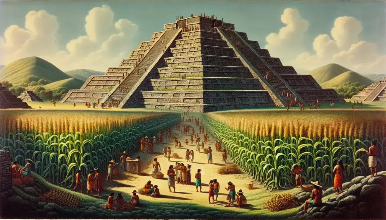 Panoramic view of an ancient Mesoamerican stepped pyramid, surrounded by corn fields and a busy market, under a blue sky.