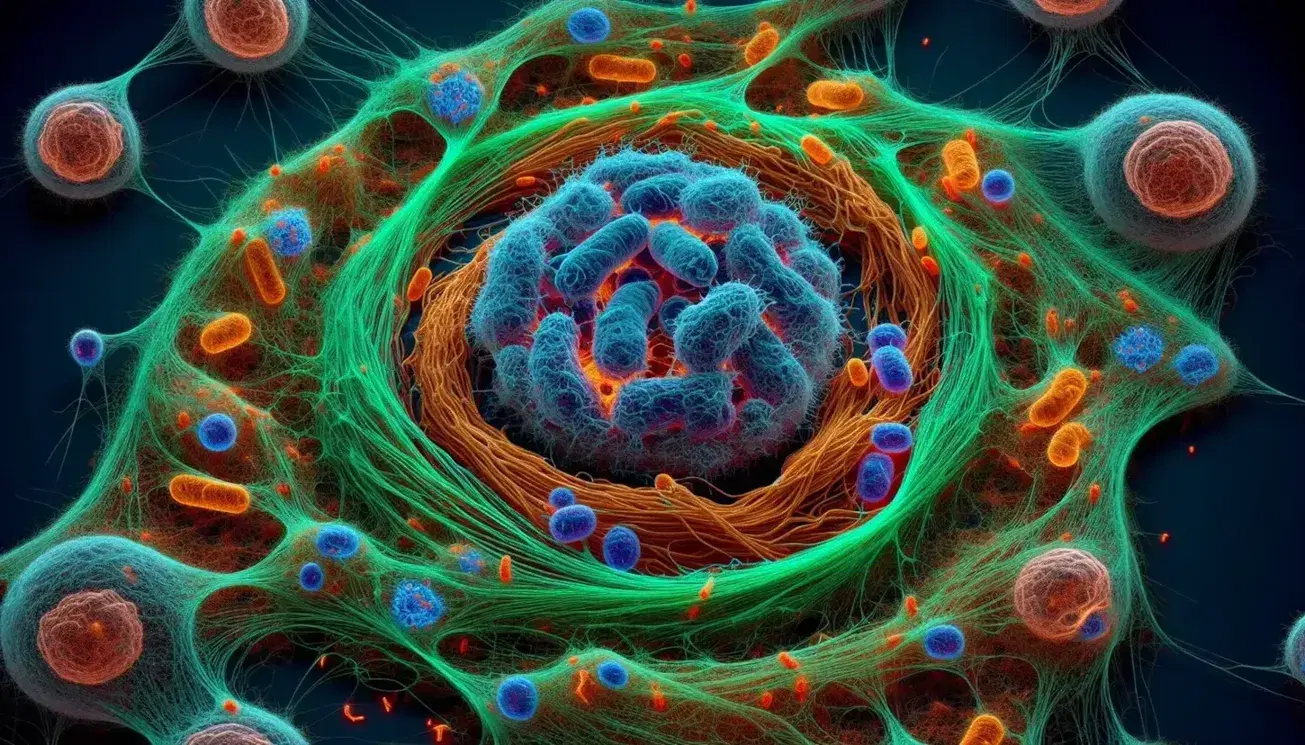 Célula eucariota en división con cromosomas azules, huso mitótico verde, microfilamentos rojos y orgánulos como mitocondrias naranjas.