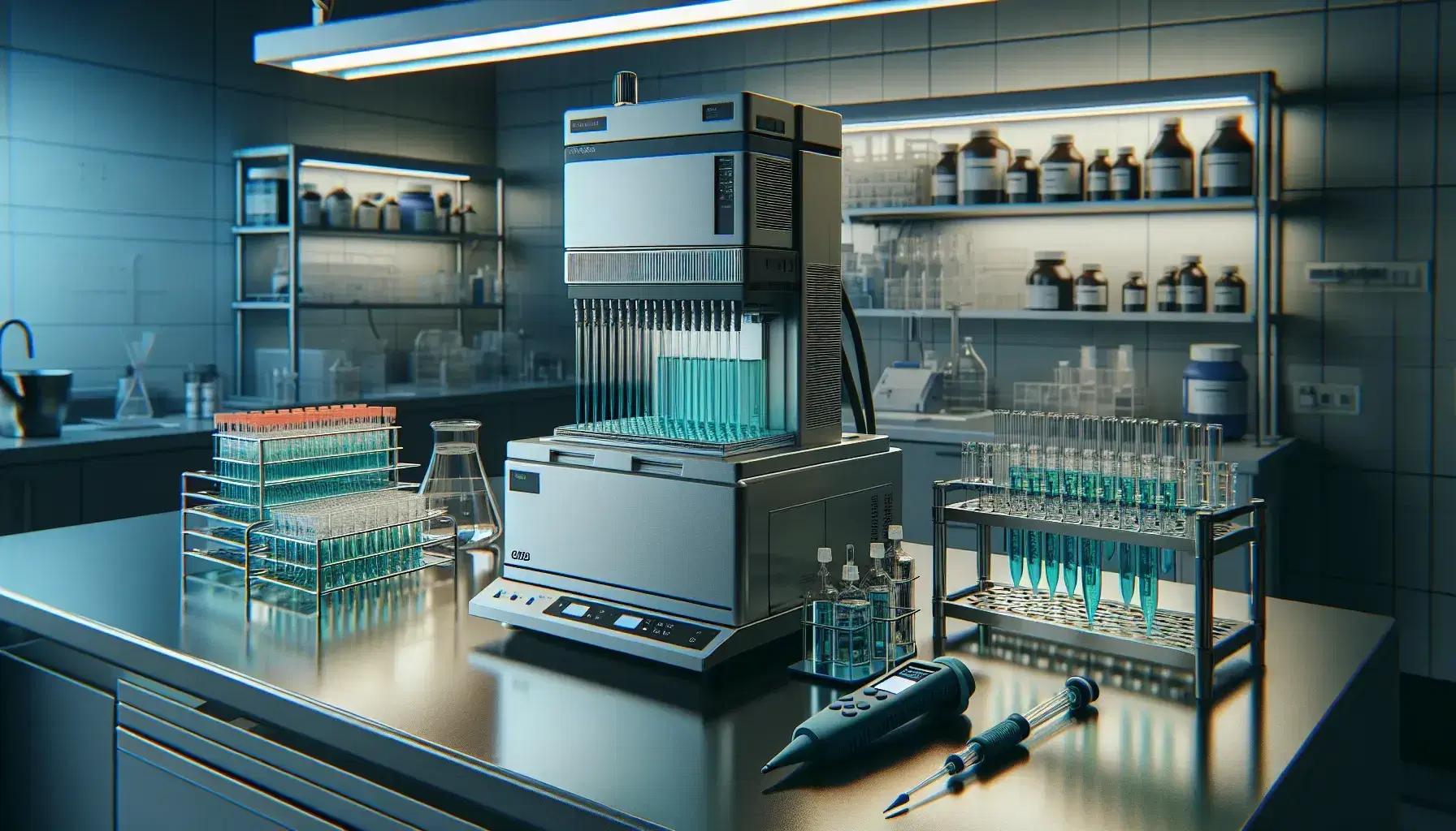 Laboratorio scientifico moderno con apparecchiatura di elettroforesi capillare, pipette automatiche e provette con liquidi colorati.