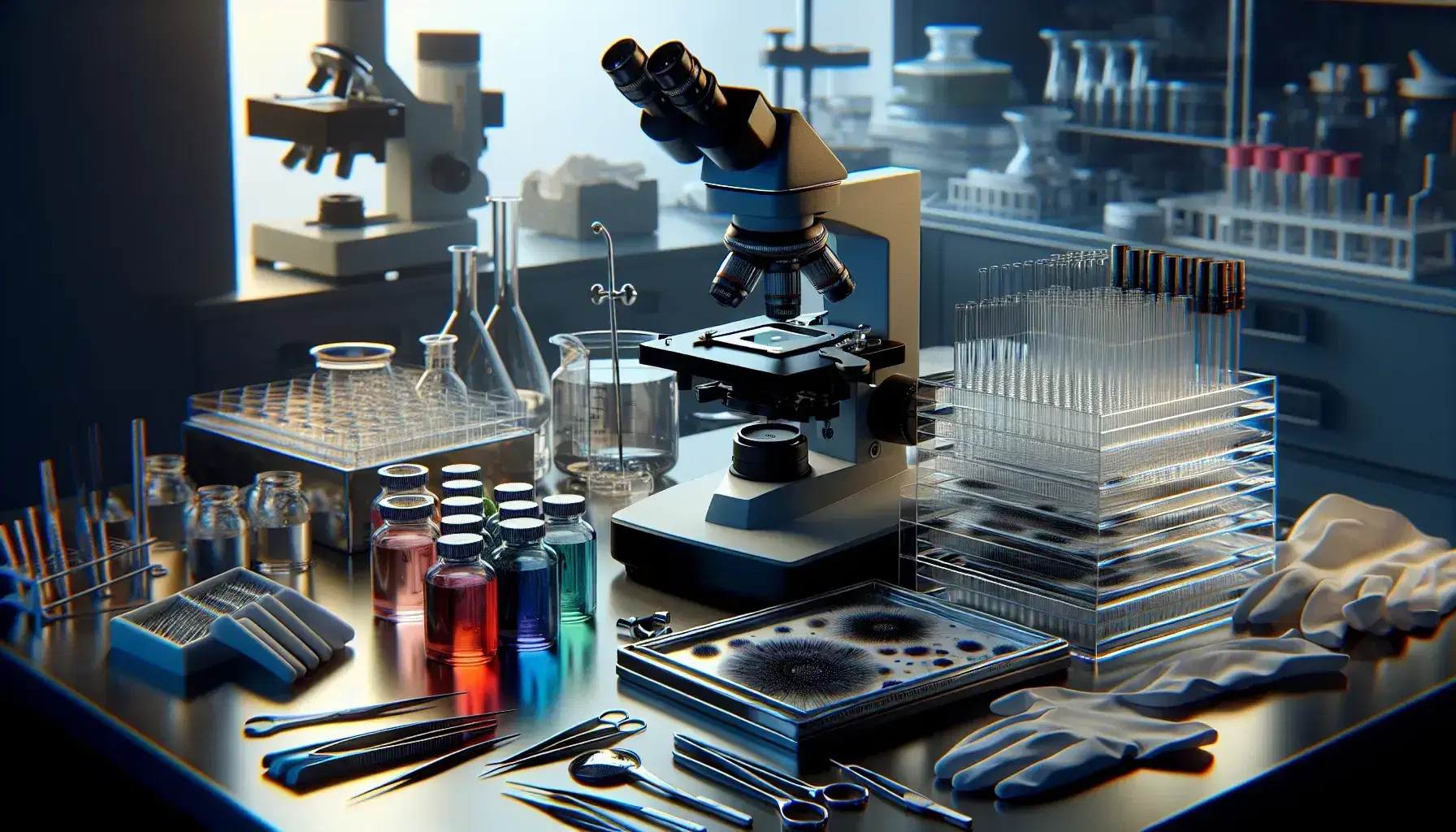 Microscopio óptico junto a caja de portaobjetos y frascos de tinción en laboratorio de citología, con instrumentos quirúrgicos y guantes de látex en primer plano.