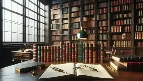 Biblioteca con scaffali in legno scuro pieni di libri rilegati, scrivania con libri aperti, occhiali e penna stilografica, lampada accesa.
