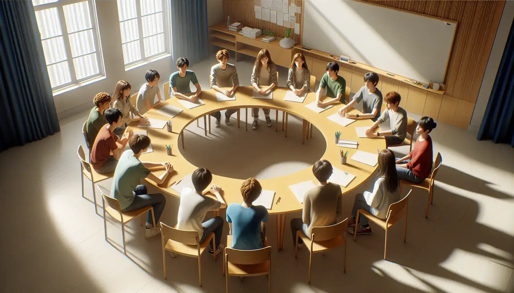 Estudiantes de diversas edades sentados en semicírculo alrededor de una mesa ovalada con papeles y lápices, participando activamente en una discusión.
