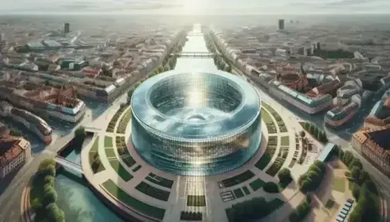 Veduta aerea di Strasburgo con edificio semicircolare vetrato al centro, circondato da aree verdi, fiume con ponti a sinistra e tetti rossi.