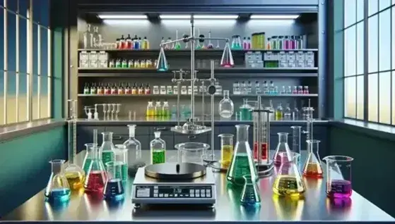 Laboratorio scientifico moderno con tavolo in acciaio, becher con liquidi colorati, bilancia analitica digitale e cappa aspirante.