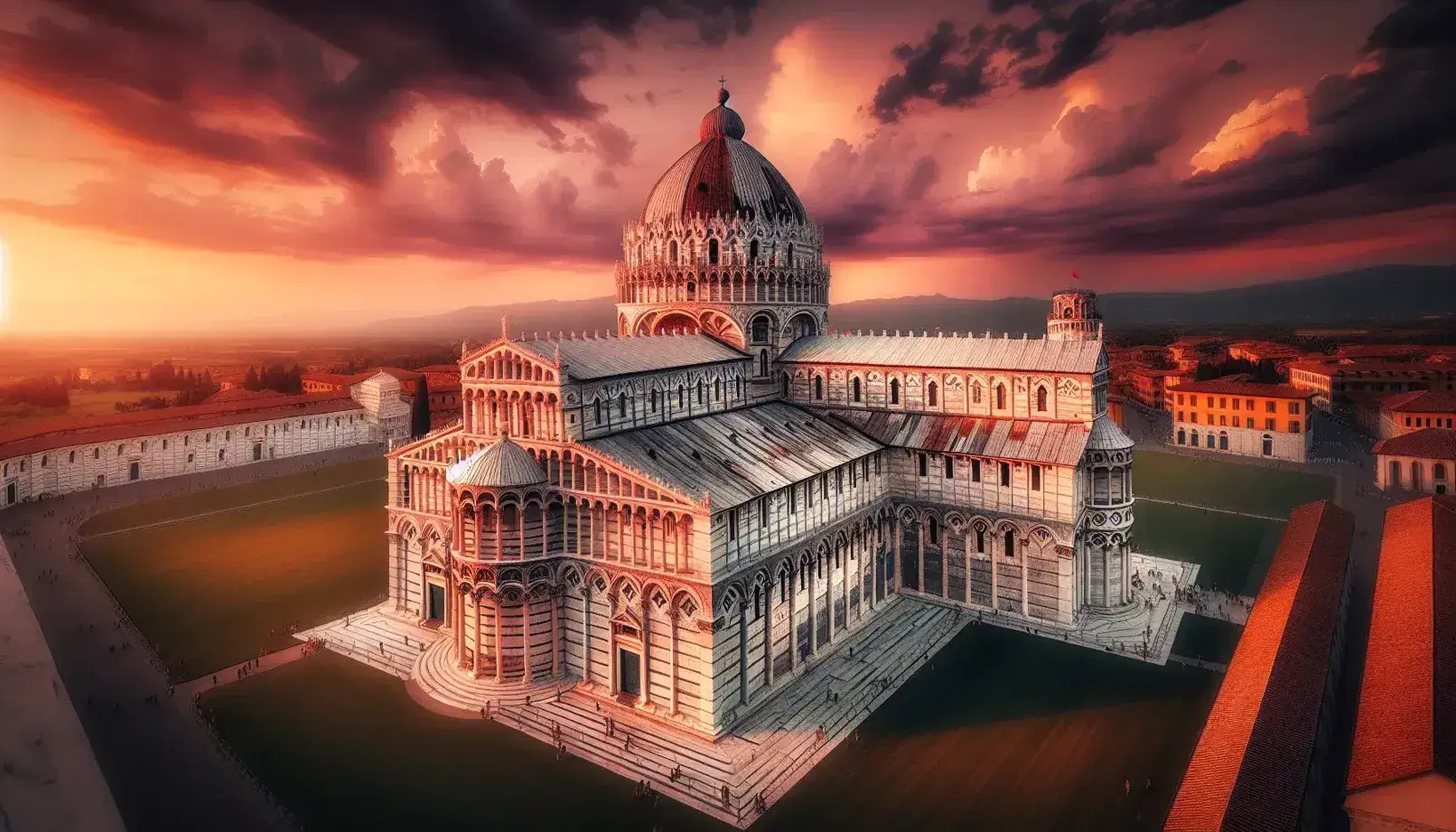 Complesso Monumentale di Pisa al tramonto con Duomo illuminato dalla luce dorata, Torre Pendente e Battistero circondati da prato verde.