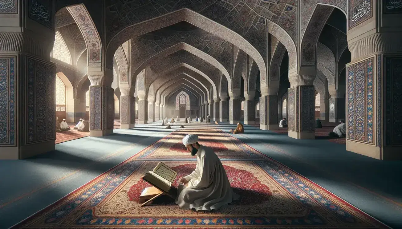 Interno di una moschea con archi, tappeti decorati e finestre ad arco, uomo in abito tradizionale legge un libro sacro, persone in preghiera.