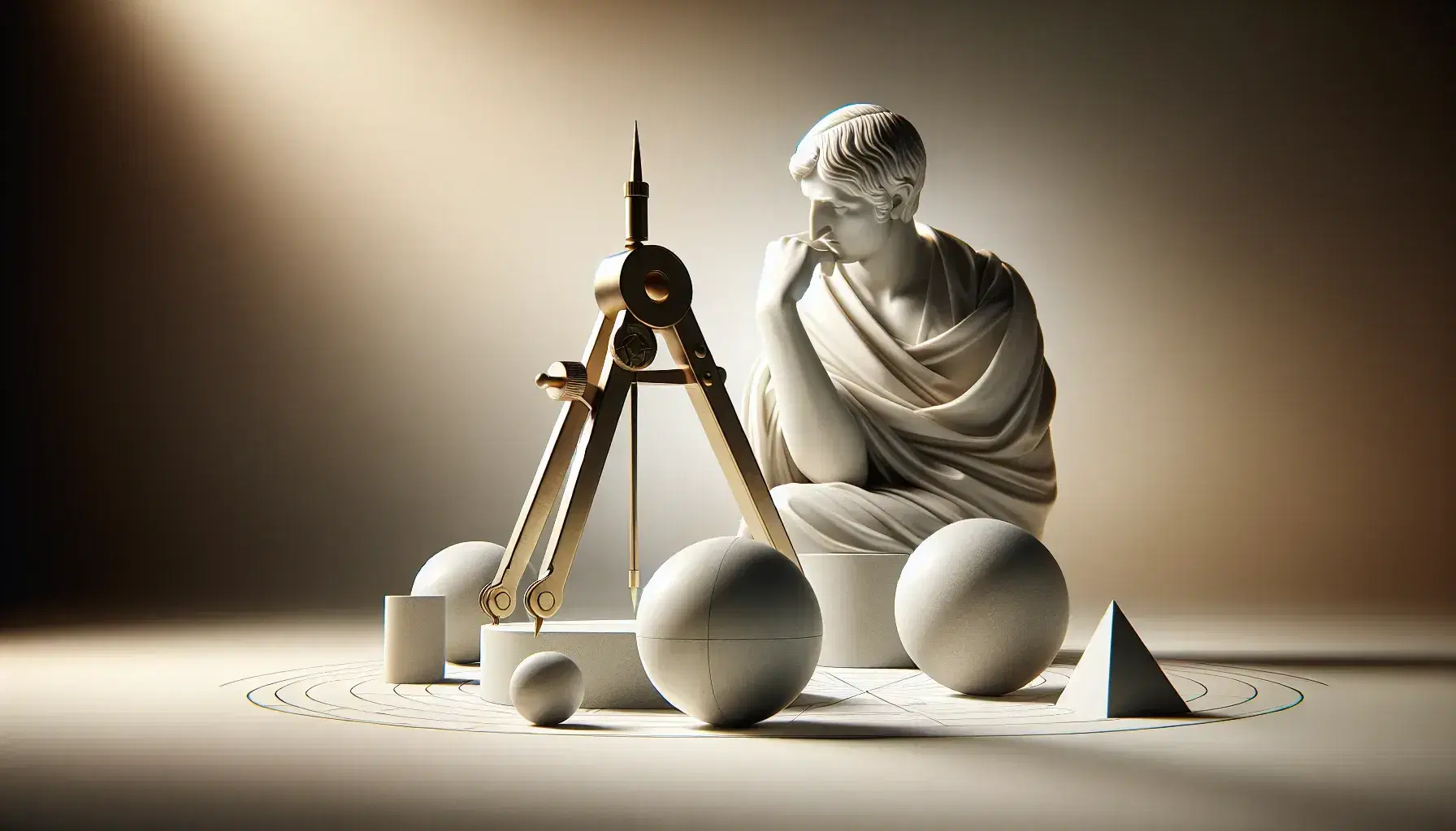 Close-up view of a white marble statue depicting a historical physicist with a compass and geometric shapes, under soft lighting with a blurred background.